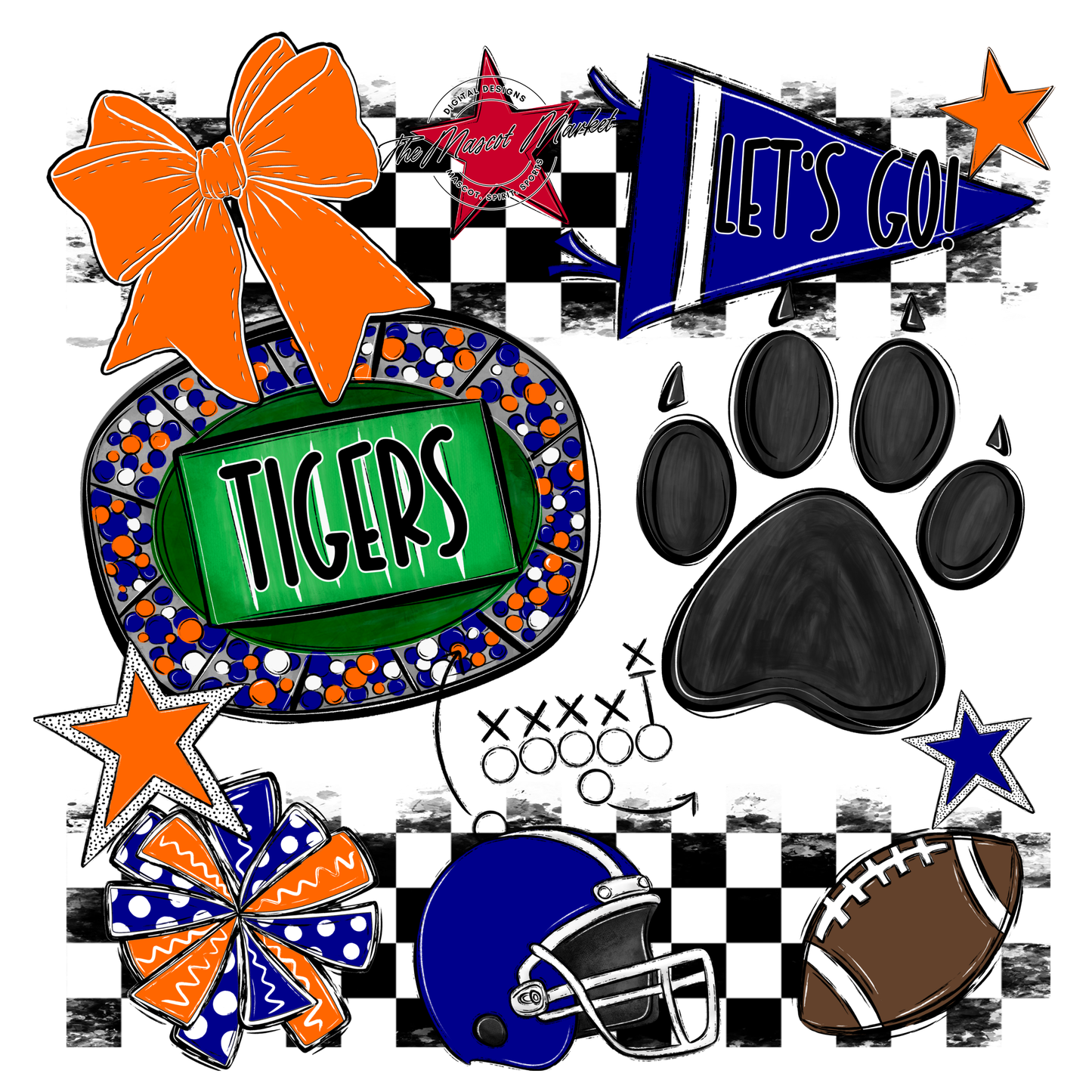 Tigers Checkers Mascot Spirit Design w Paw-Blue-Orange