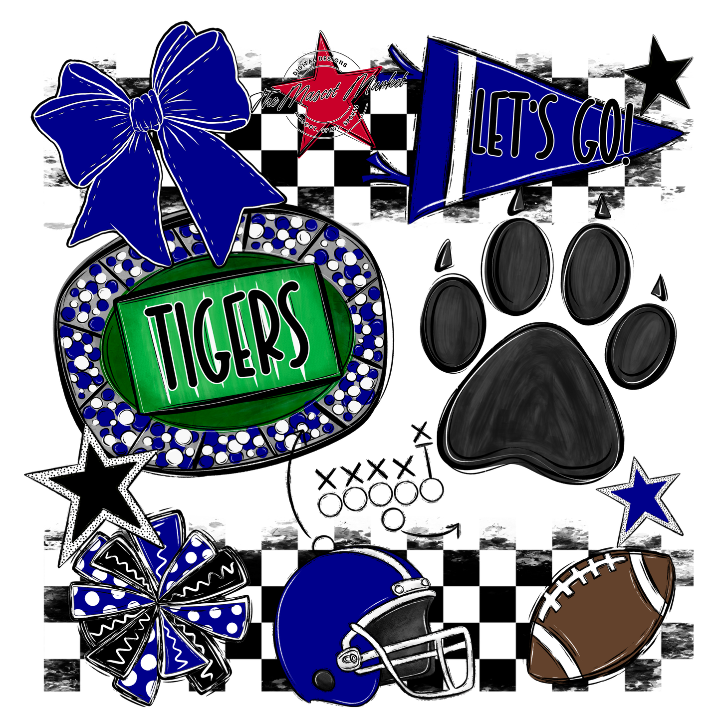 Tigers Checkers Mascot Spirit Design w Paw-Blue