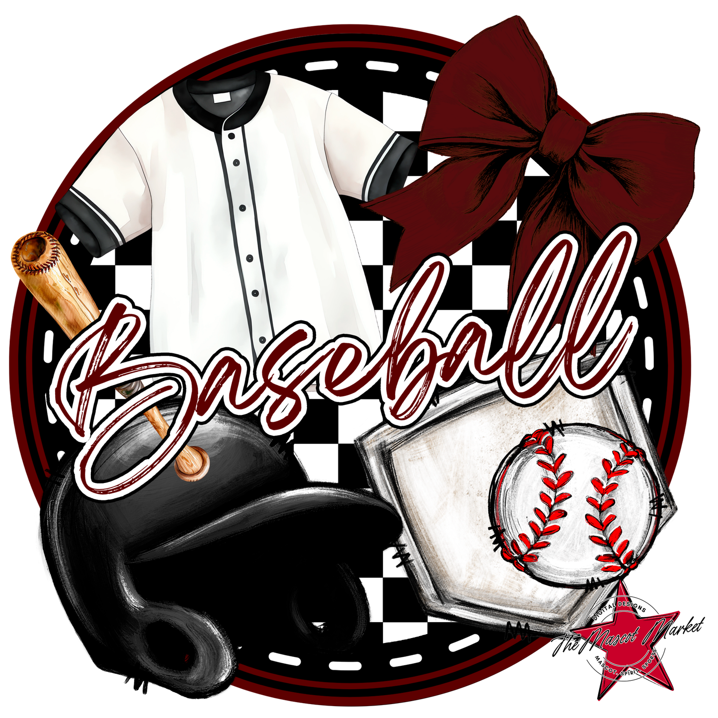 Circle Baseball Design w Bow-Maroon