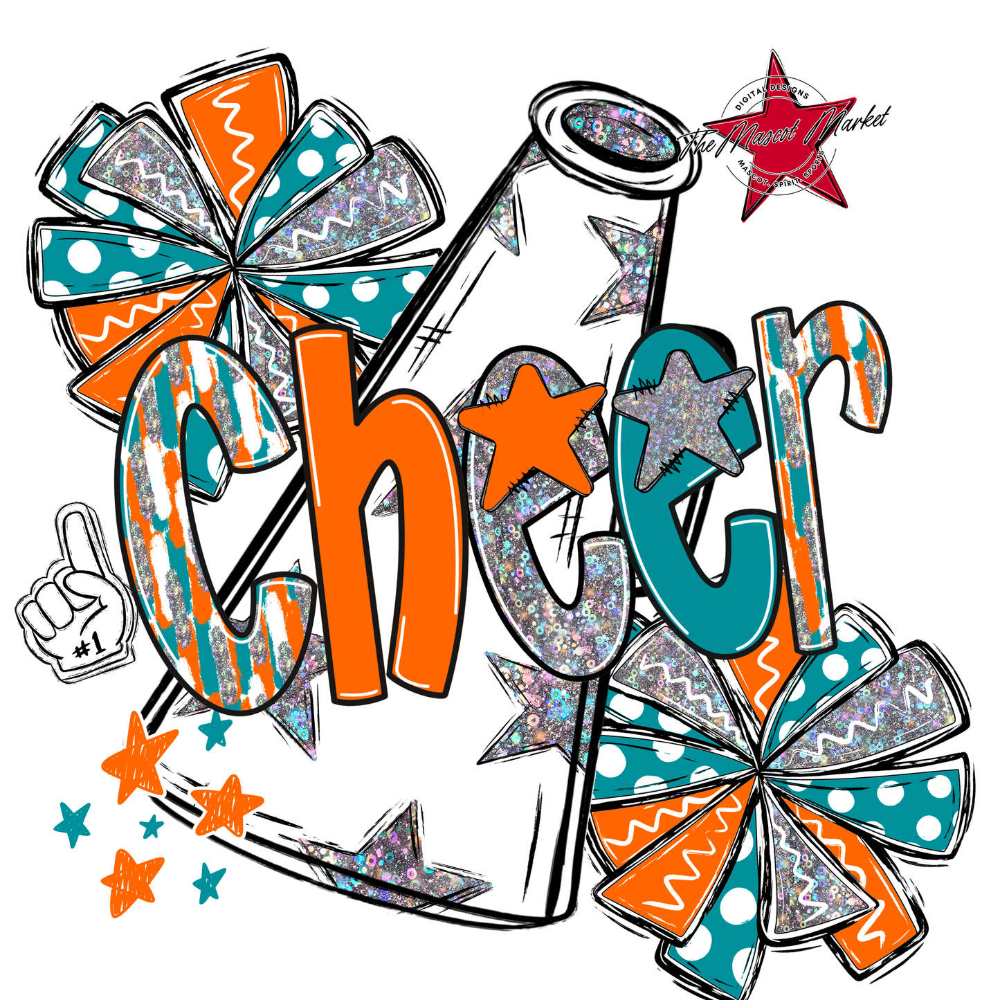 Cheer White Megaphone Scrape-Orange-Dark Teal