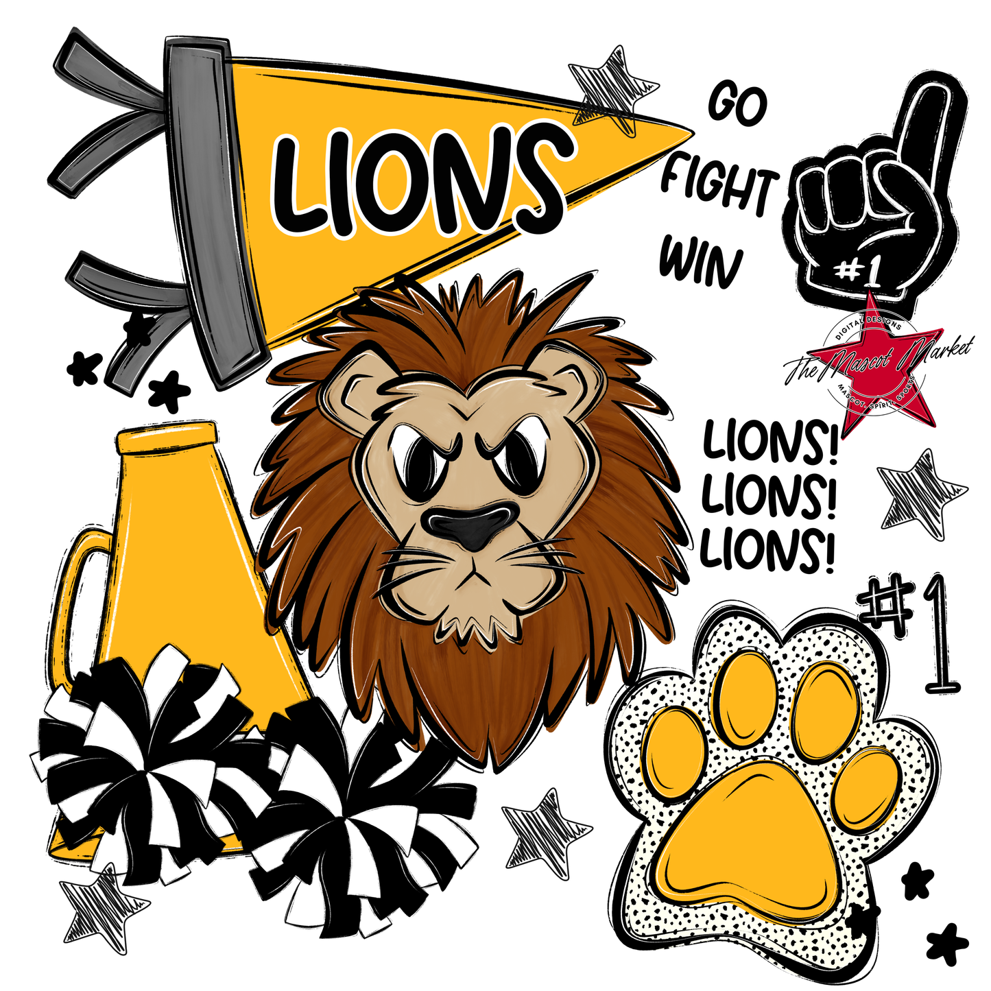Lions Mixed Mascot Spirit Design-Yellow