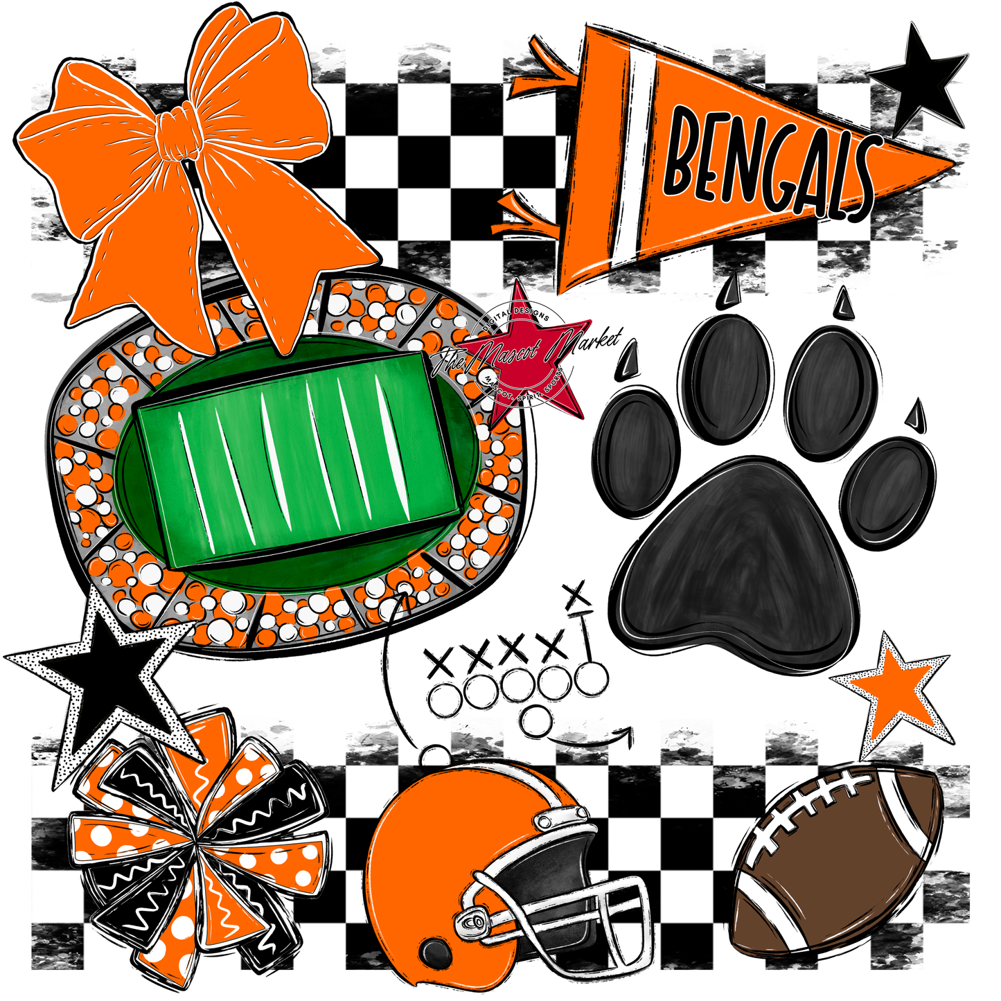 Bengals Checkers Mascot Spirit Design-Orange