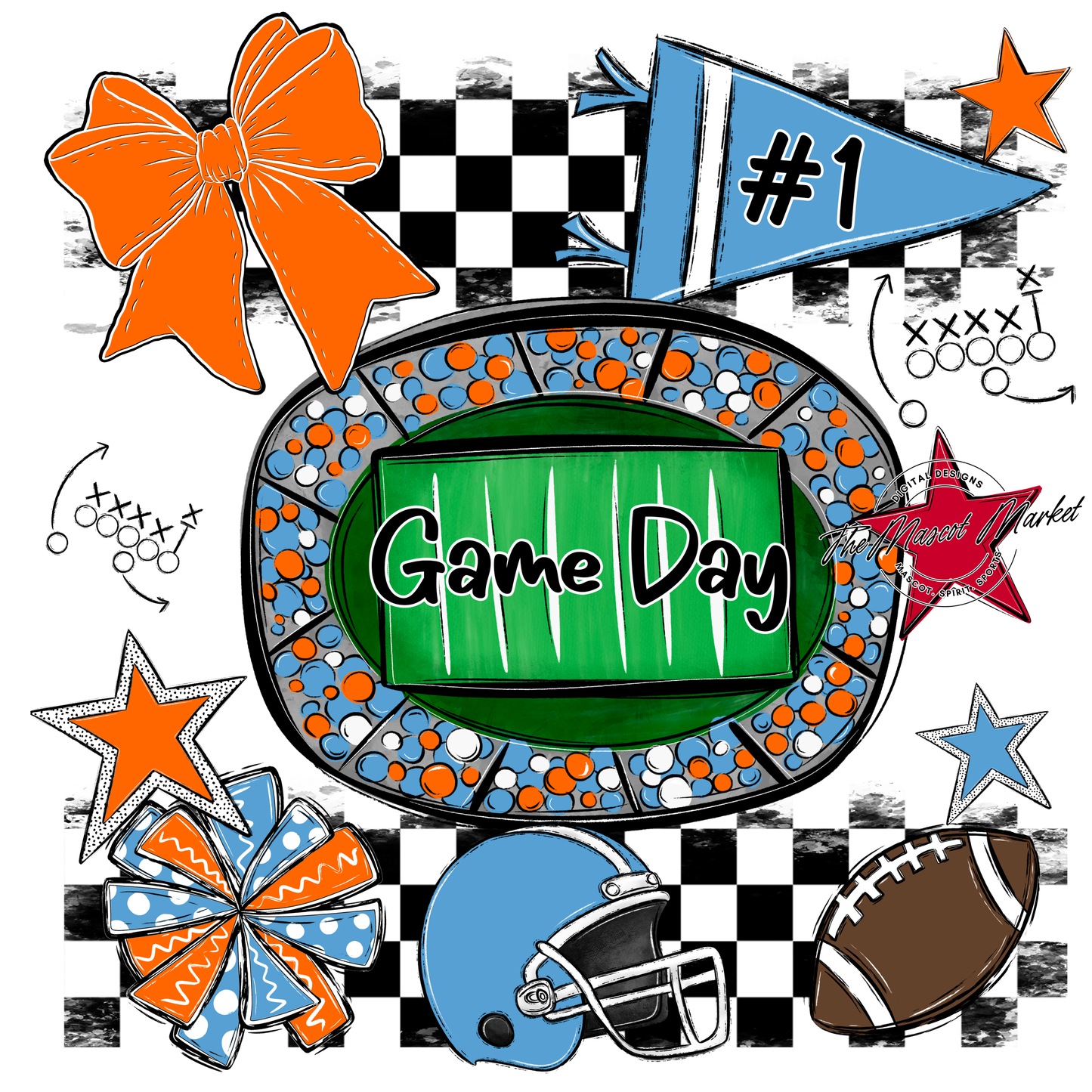 Game Day Checkers Spirit Design-Carolina Blue-Orange
