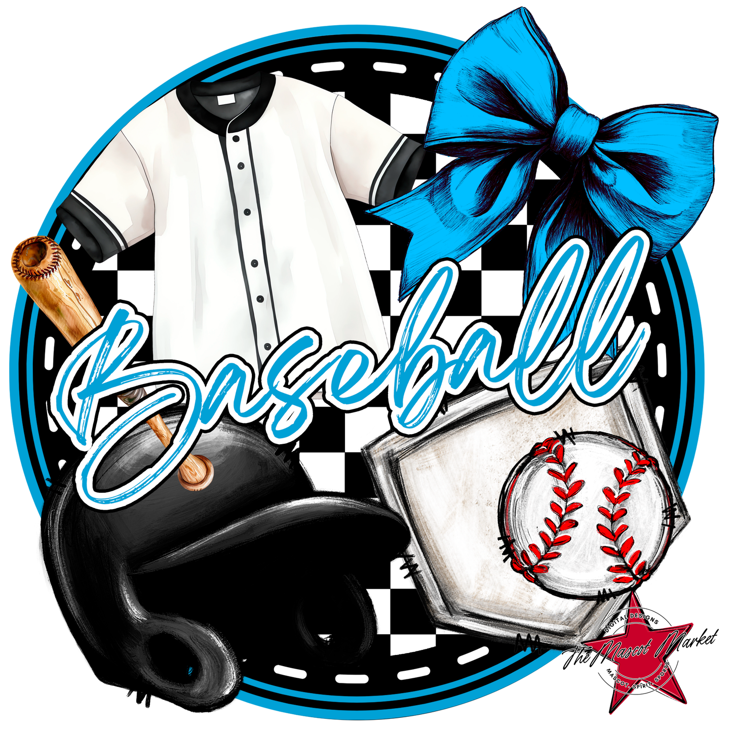 Circle Baseball Design w Bow-Carolina Blue