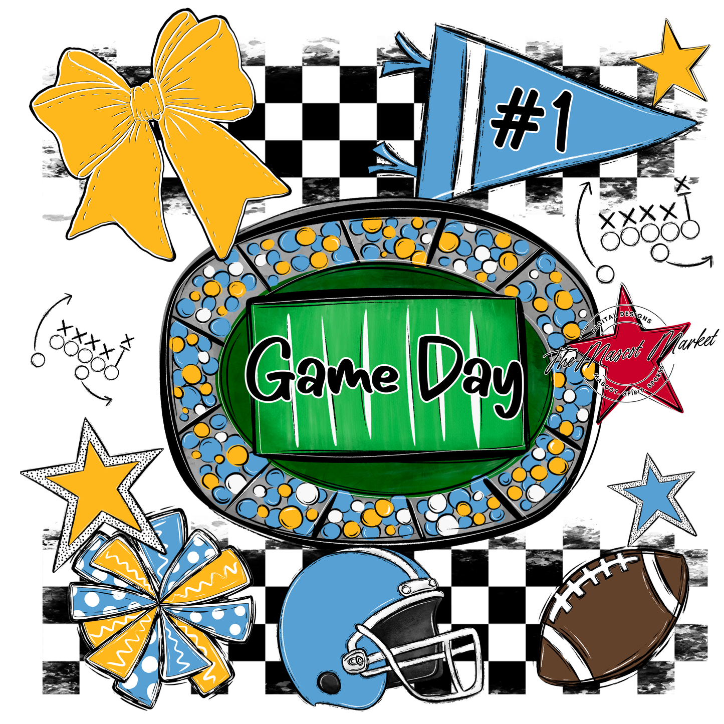Game Day Checkers Spirit Design-Carolina Blue-Yellow
