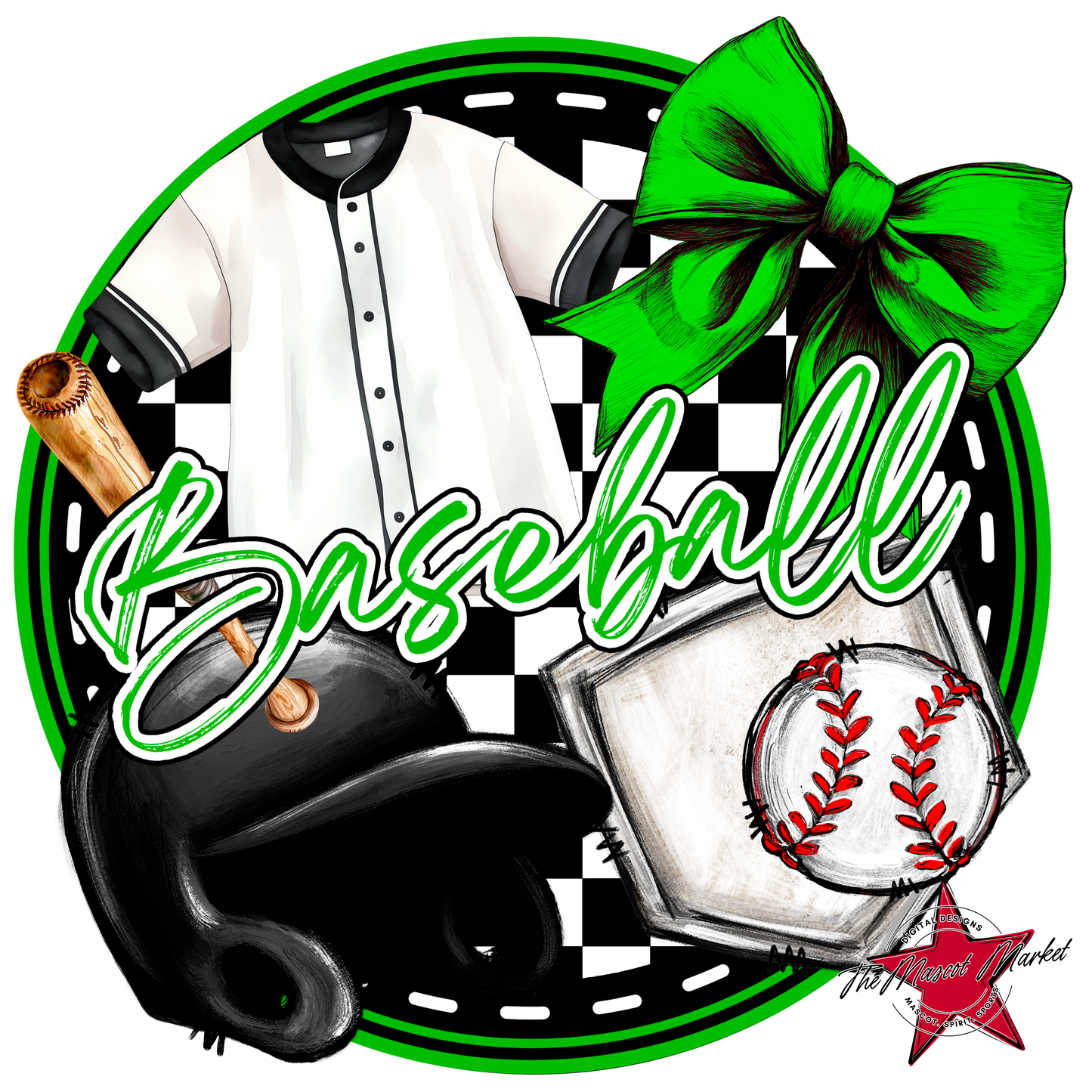 Circle Baseball Design w Bow-Bright Green