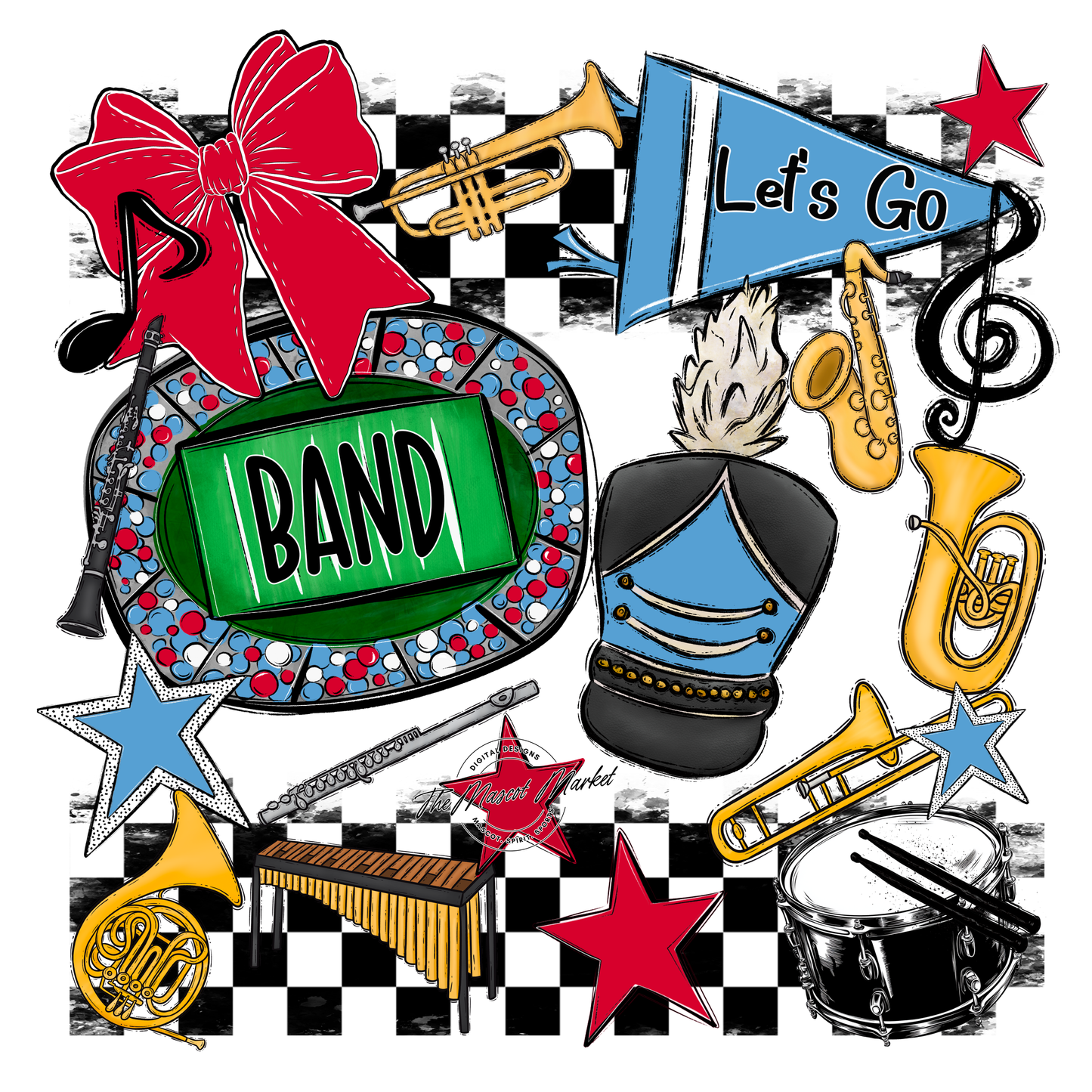 Band Checkers Spirit Design-Carolina Blue-Red