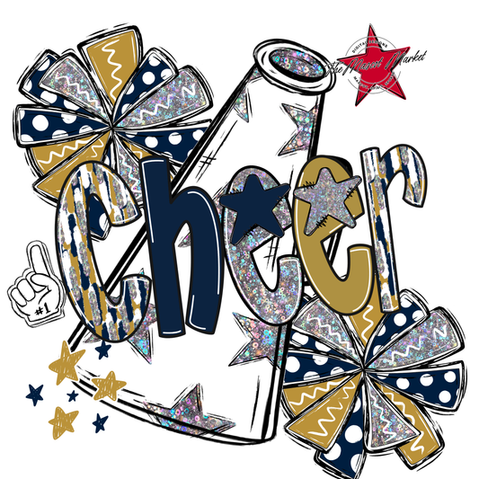Cheer White Megaphone Scrape-Navy-Gold