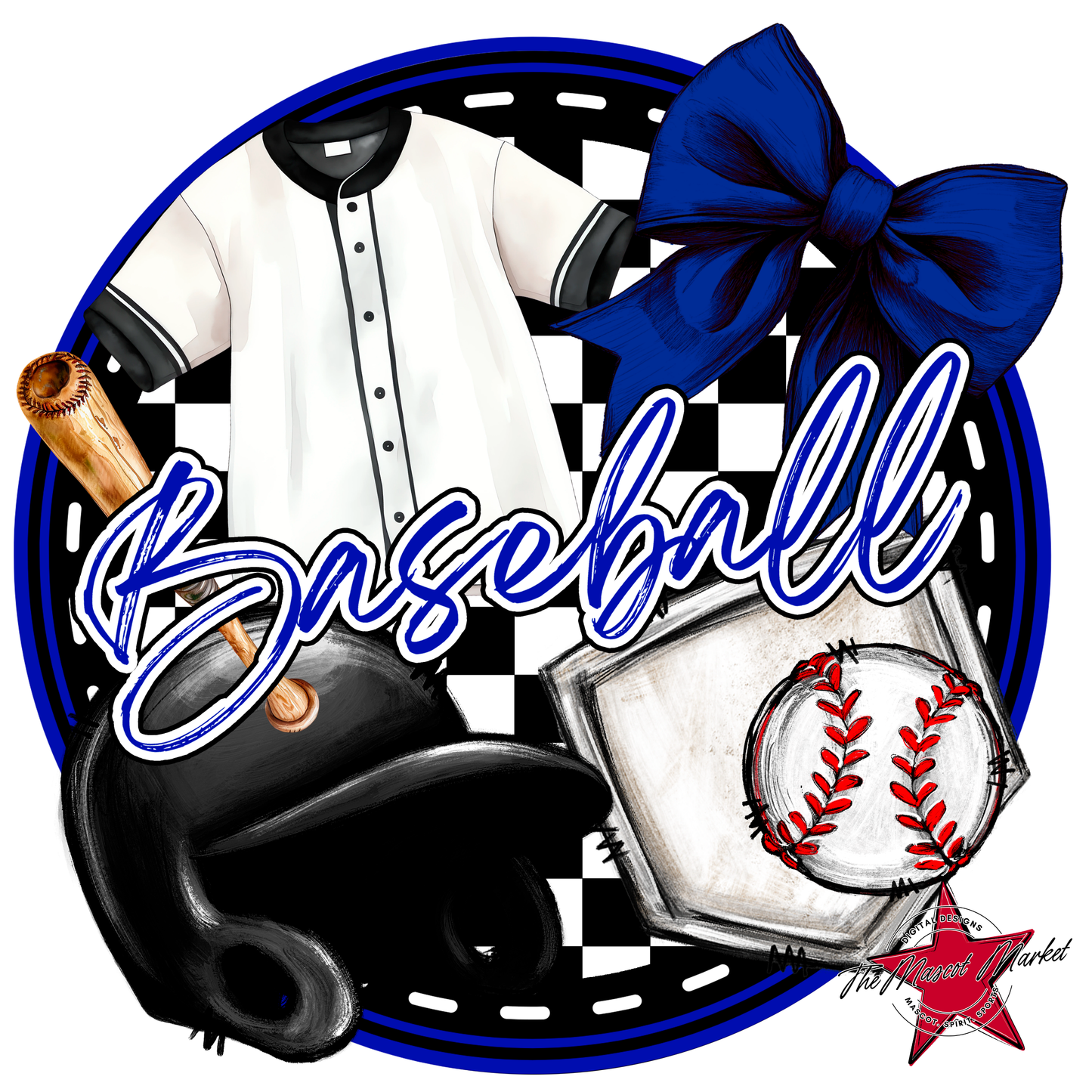 Circle Baseball Design w Bow-Blue