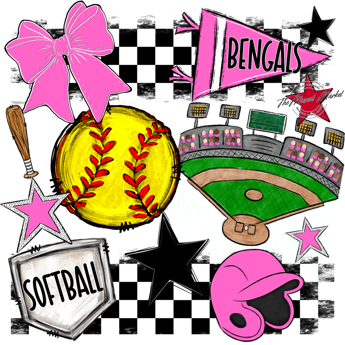 Bengals Softball Checkers Design-Baby Pink