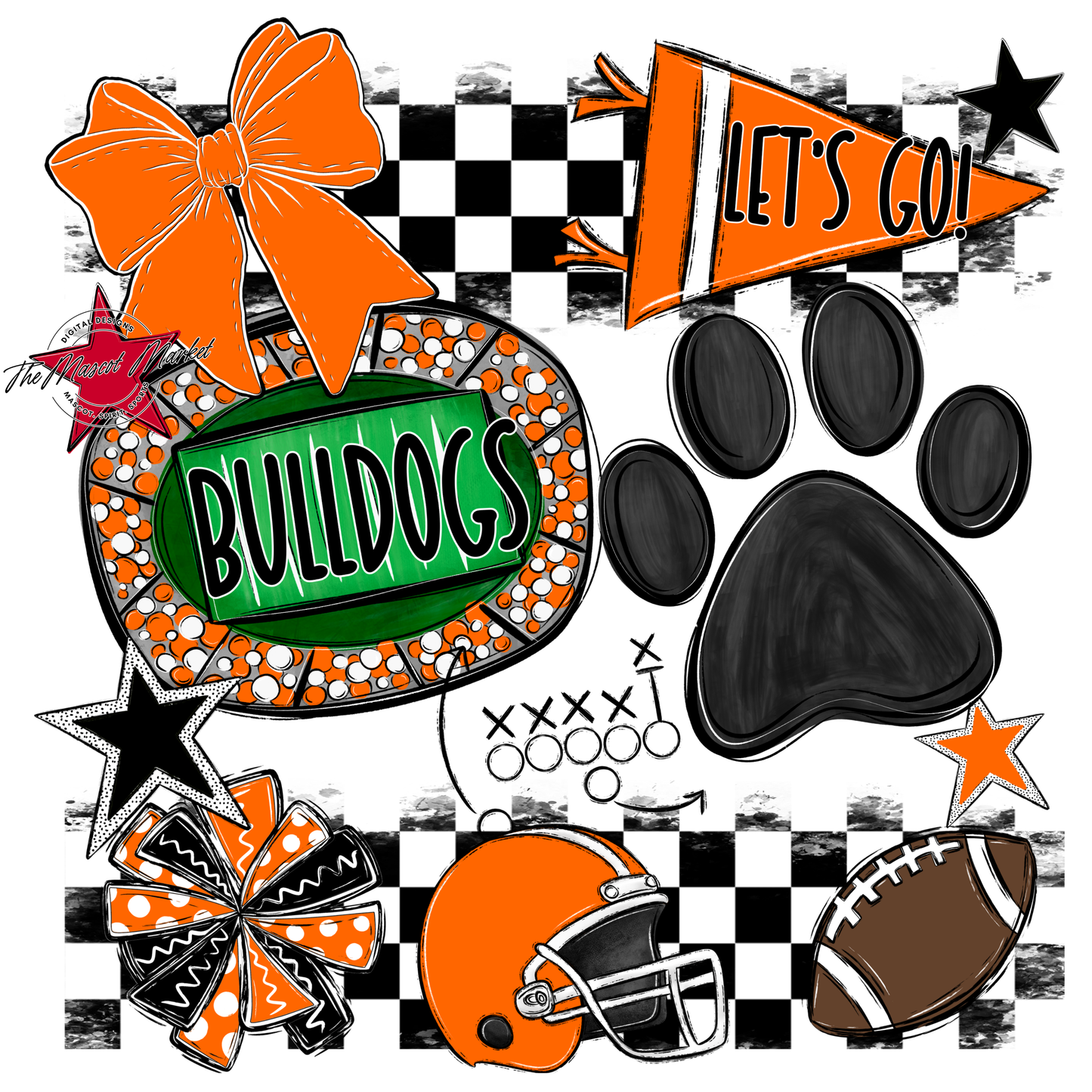 Bulldogs Checkers Mascot Spirit Design w Paw-Orange