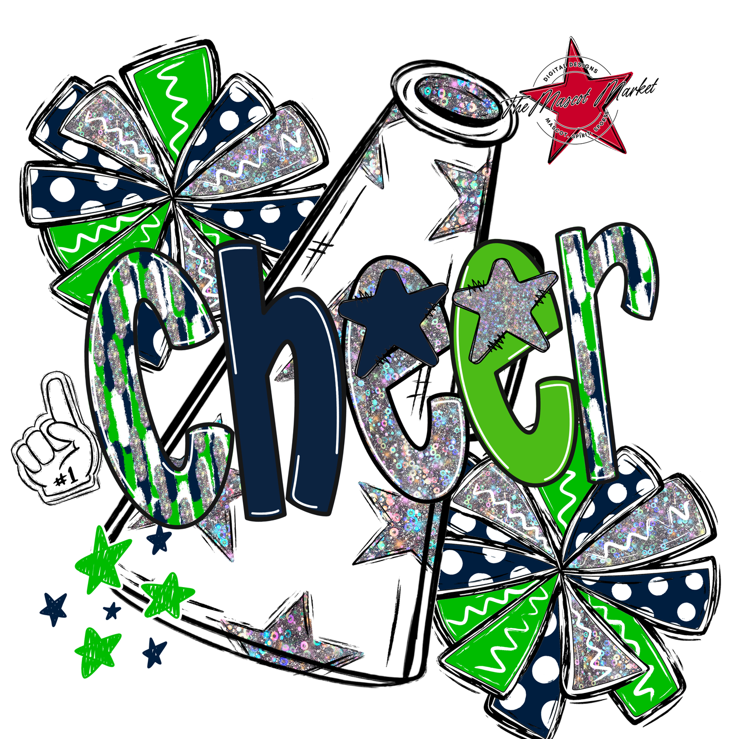 Cheer White Megaphone Scrape-Navy-Bright Green