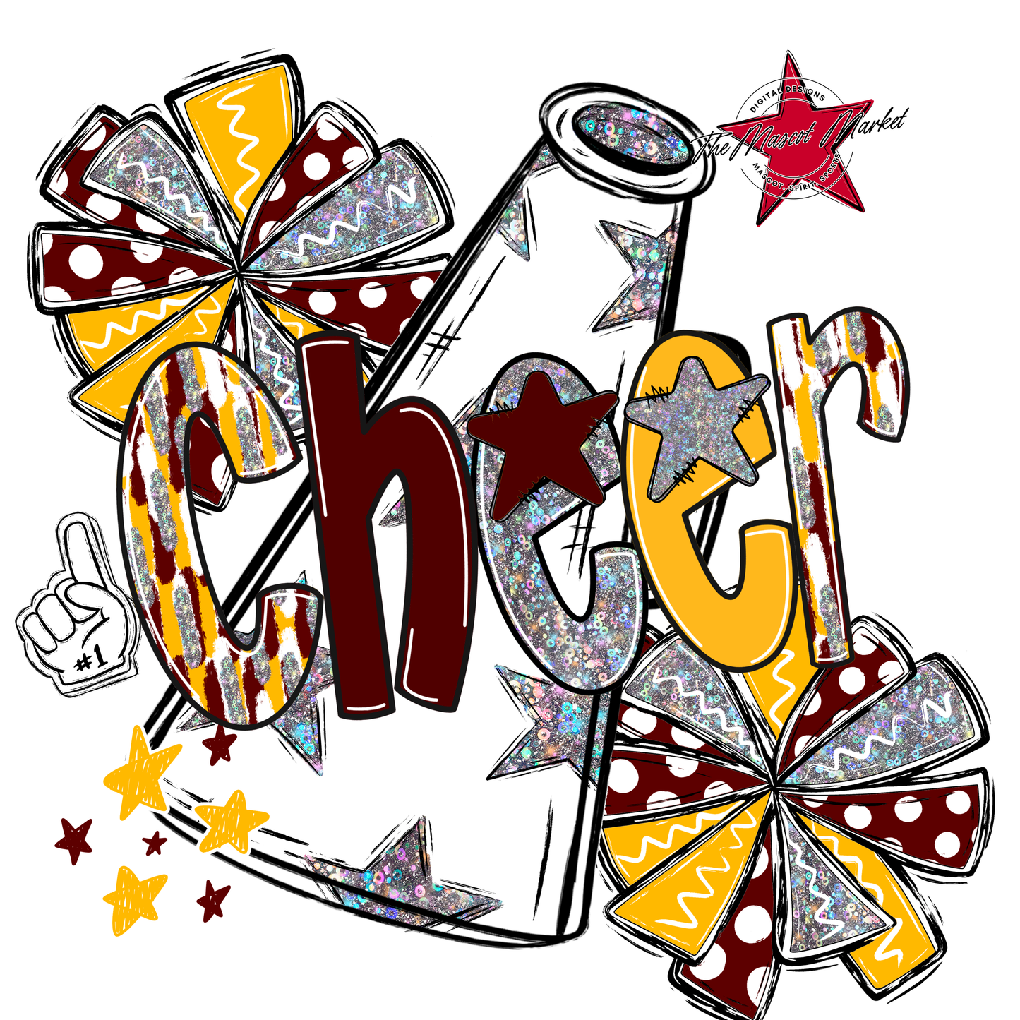 Cheer White Megaphone Scrape-Maroon-Yellow