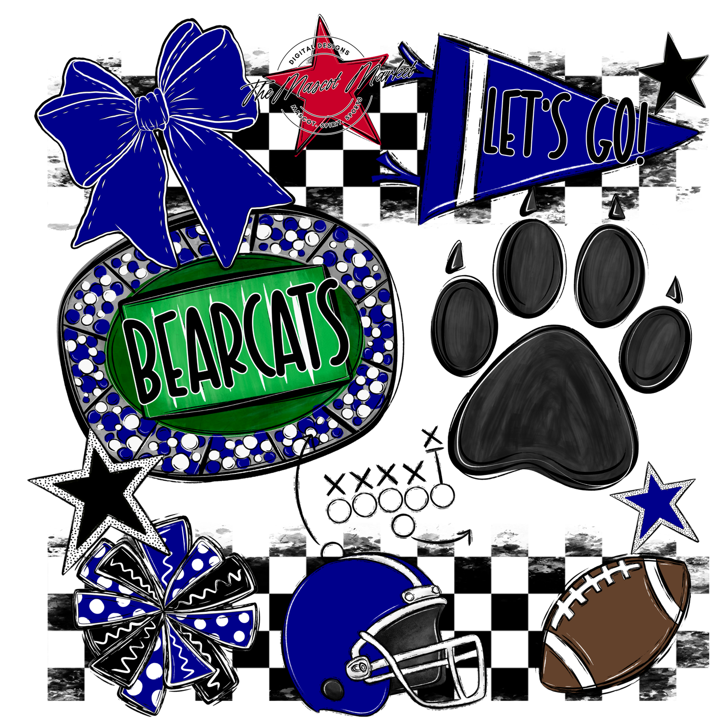Bearcats Checkers Mascot Spirit Design-Blue