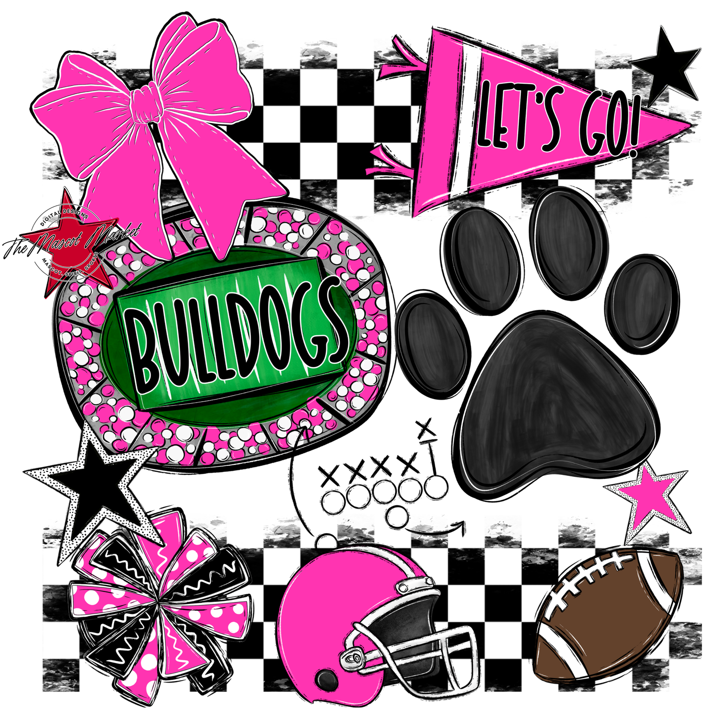 Bulldogs Checkers Mascot Spirit Design w Paw-Pink