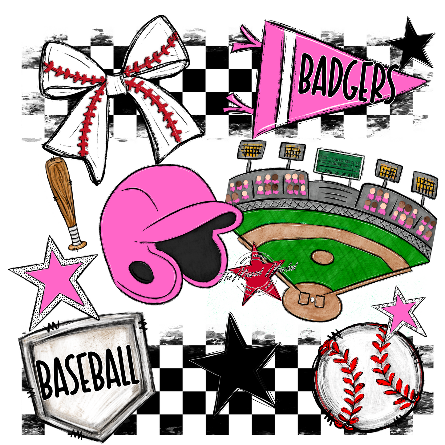 Badgers Baseball Checkers Design-Baby Pink