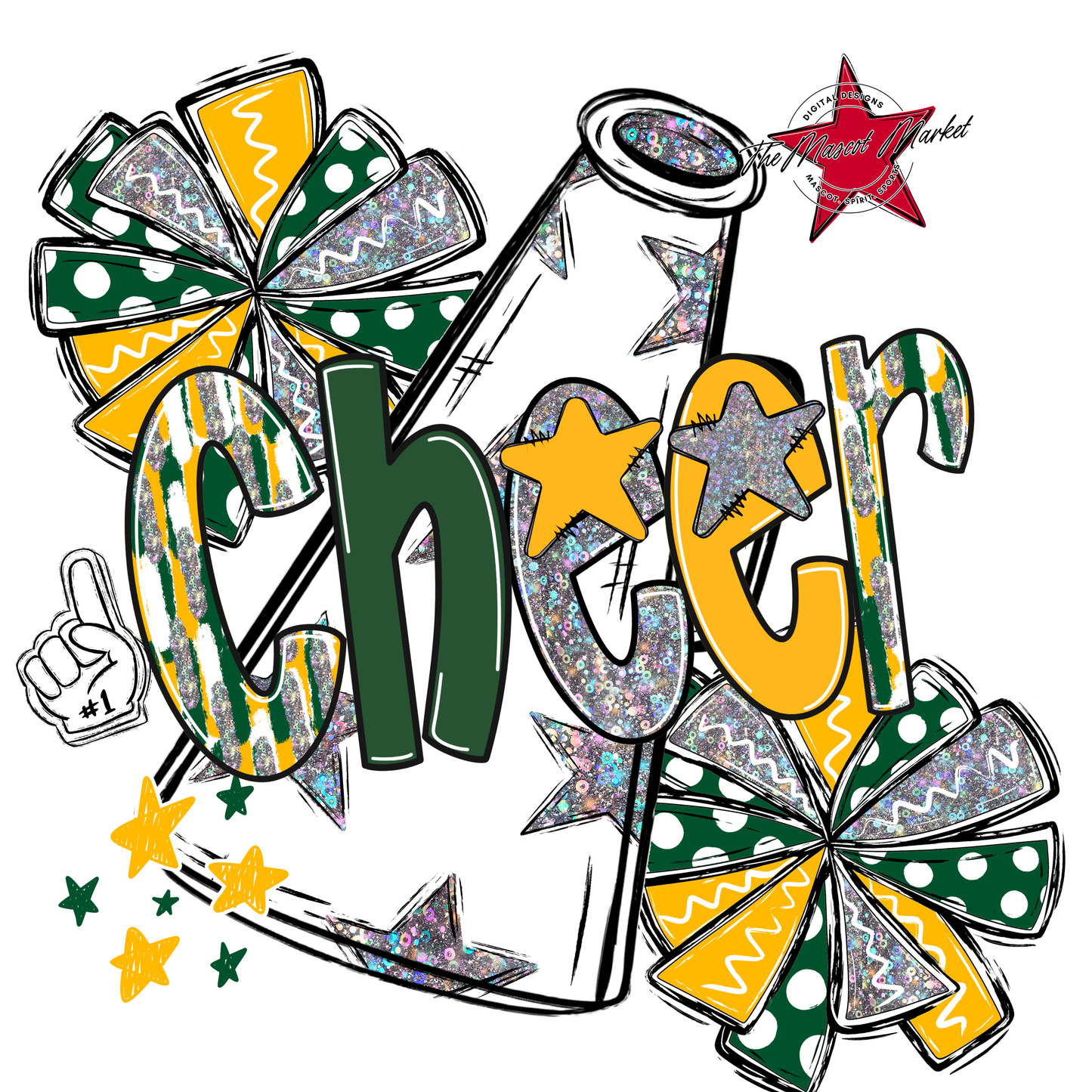 Cheer White Megaphone Scrape-Green-Yellow