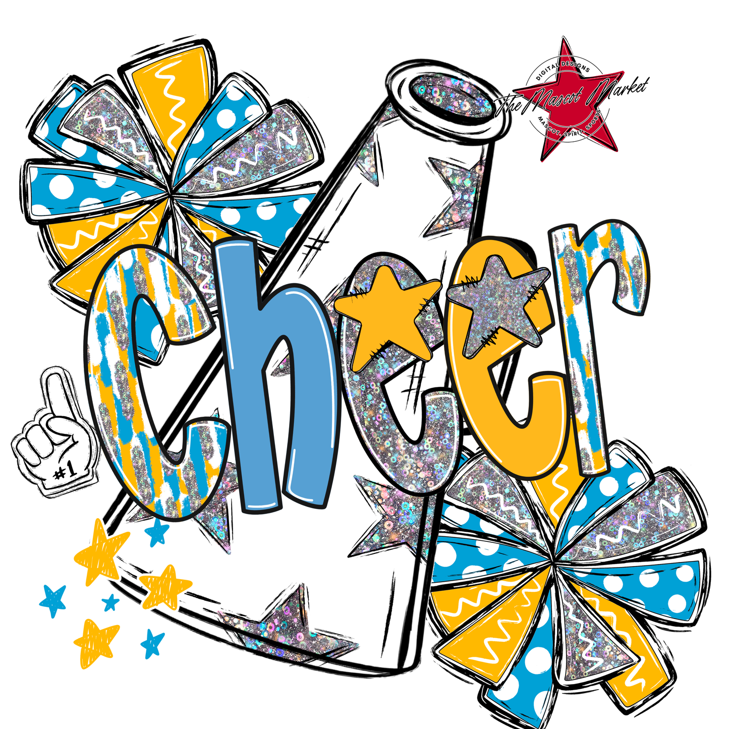 Cheer White Megaphone Scrape-Carolina Blue-Yellow
