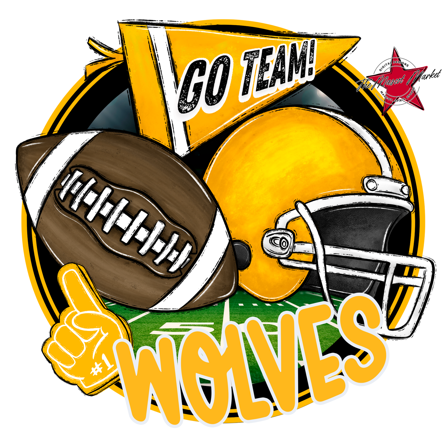 Wolves Circle Football Design-Yellow