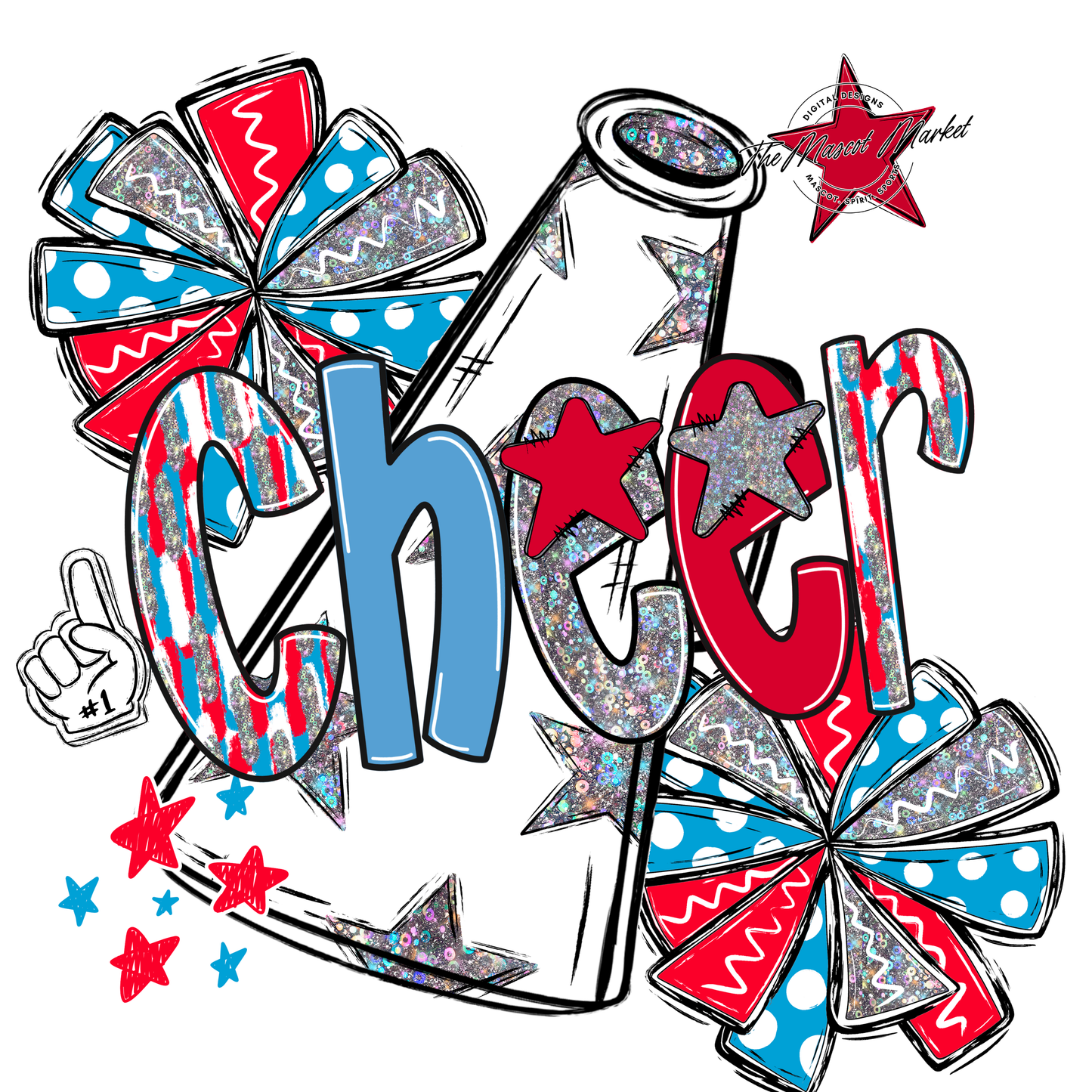 Cheer White Megaphone Scrape-Carolina Blue-Red
