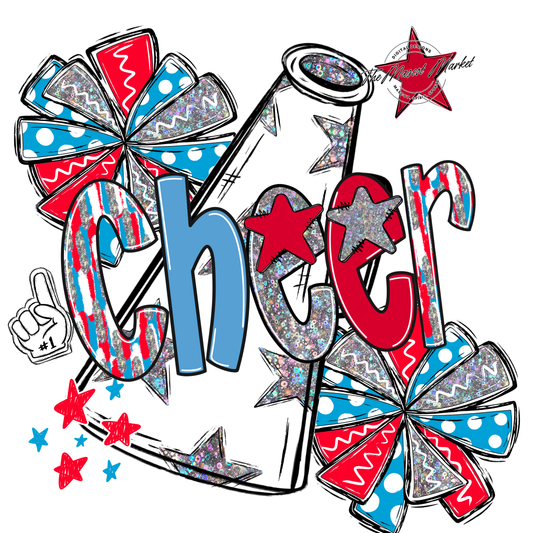 Cheer White Megaphone Scrape-Carolina Blue-Red