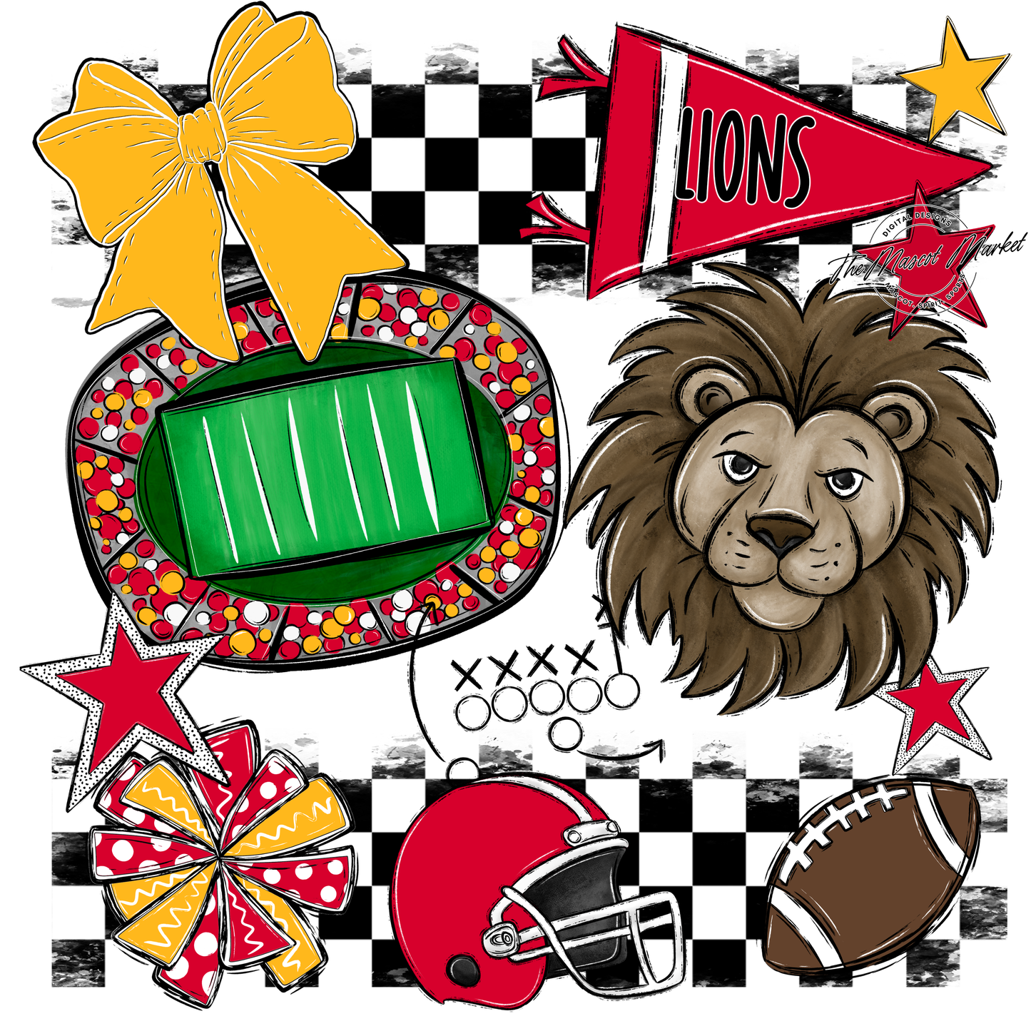 Lions Checkers Mascot Spirit Design-Red-Yellow