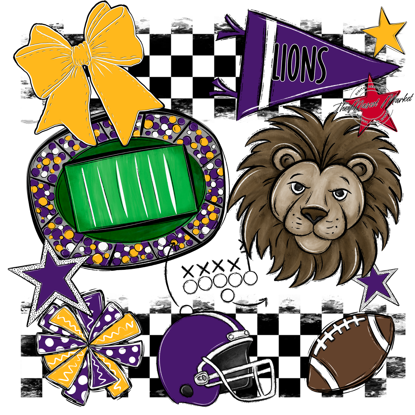 Lions Checkers Mascot Spirit Design-Purple-Yellow