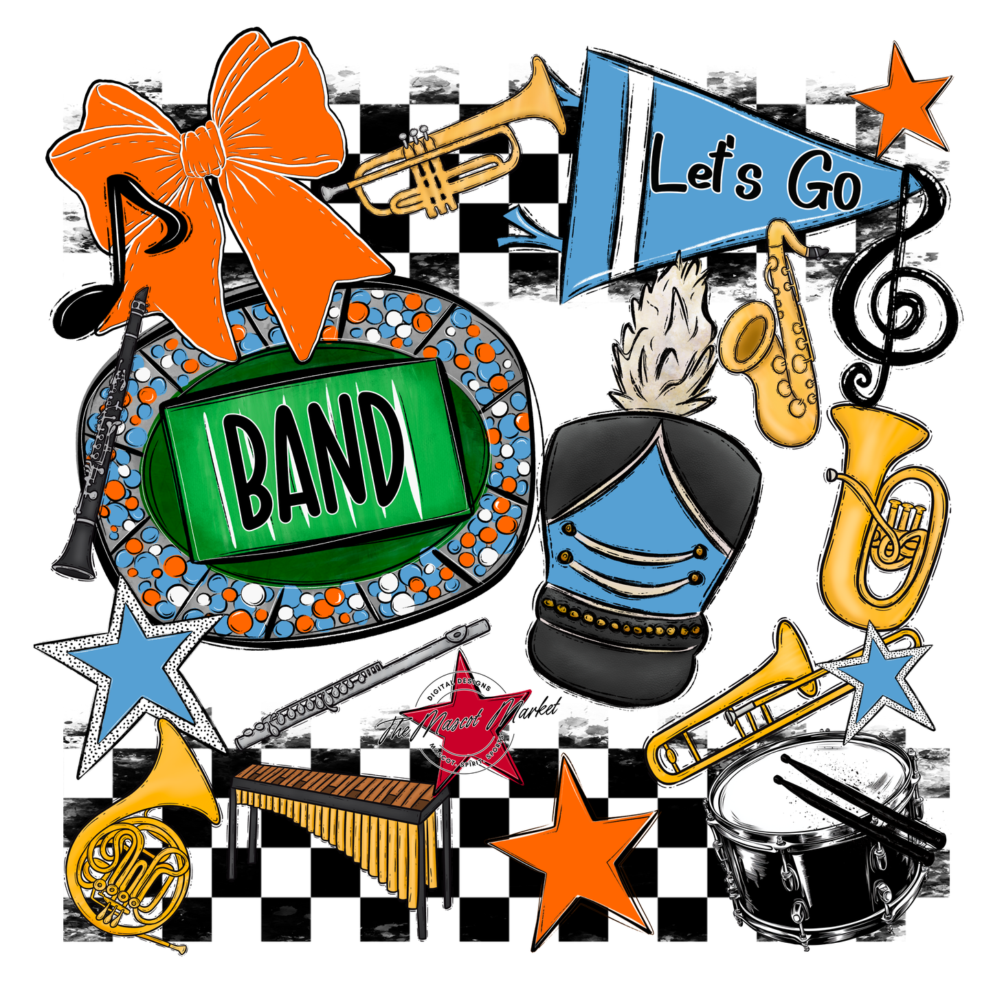 Band Checkers Spirit Design-Carolina Blue-Orange