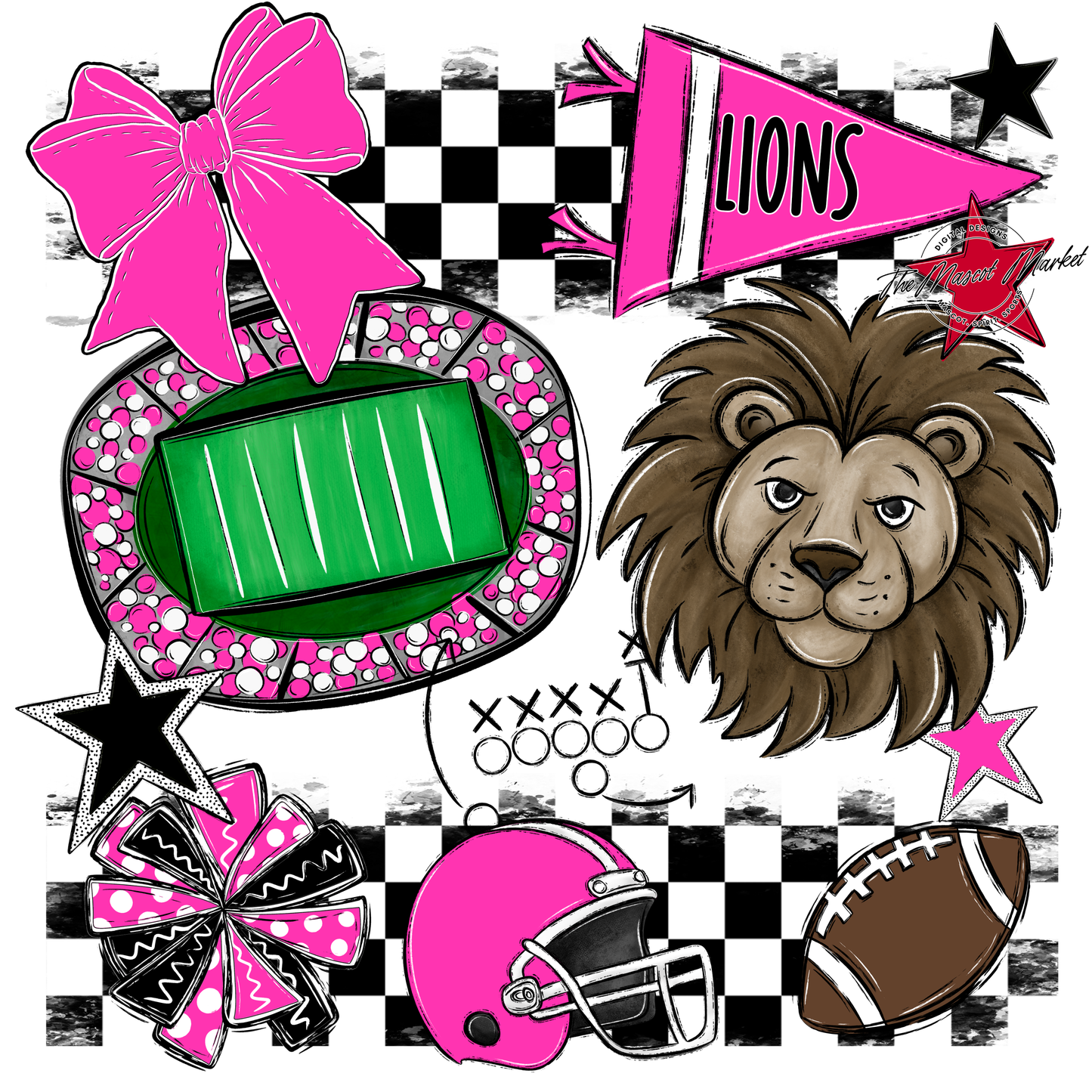 Lions Checkers Mascot Spirit Design-Pink