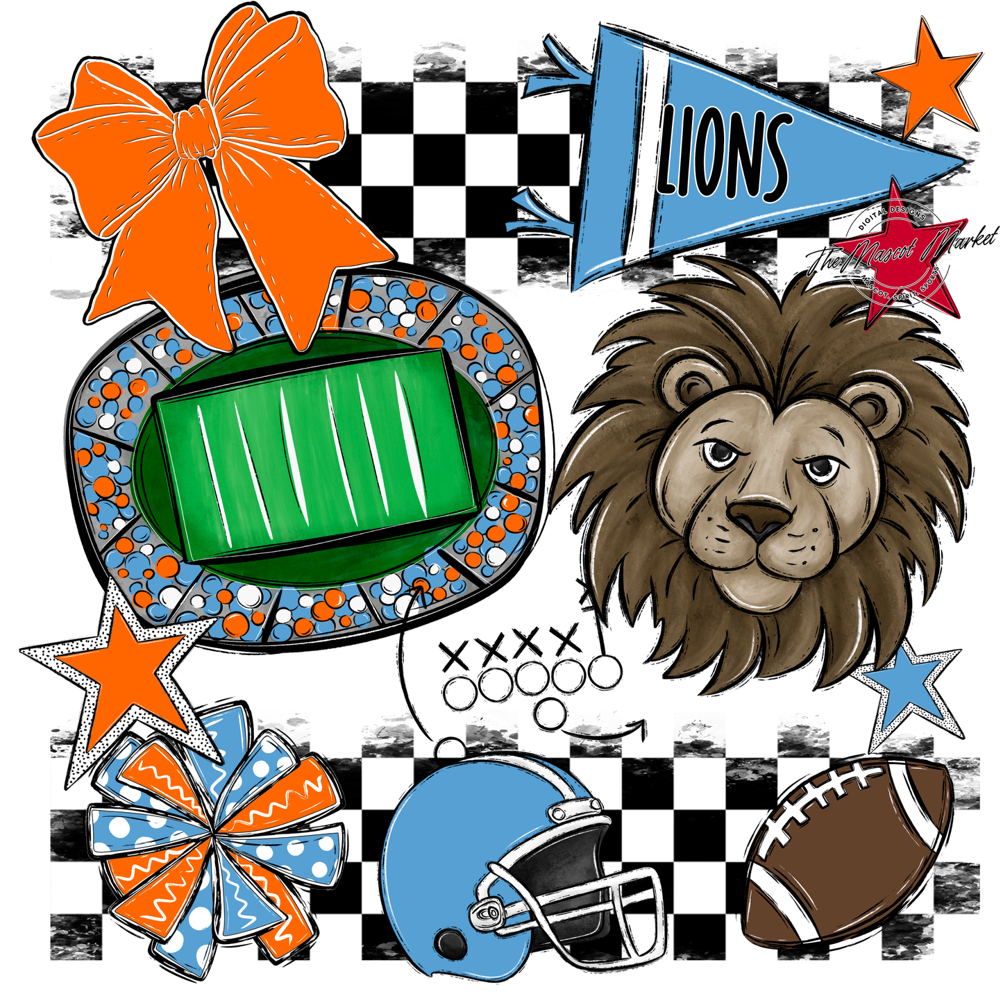 Lions Checkers Mascot Spirit Design-Carolina Blue-Orange