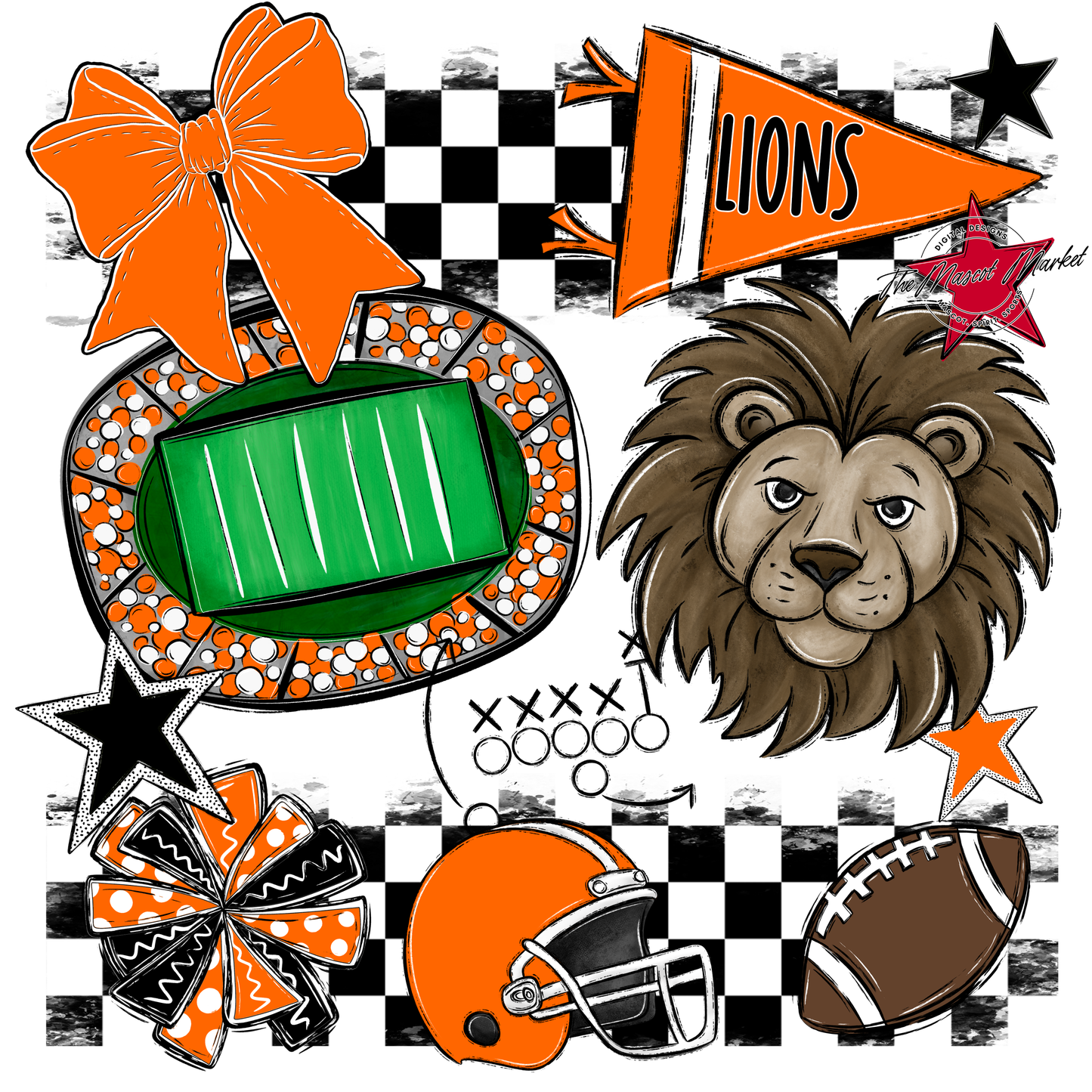 Lions Checkers Mascot Spirit Design-Orange