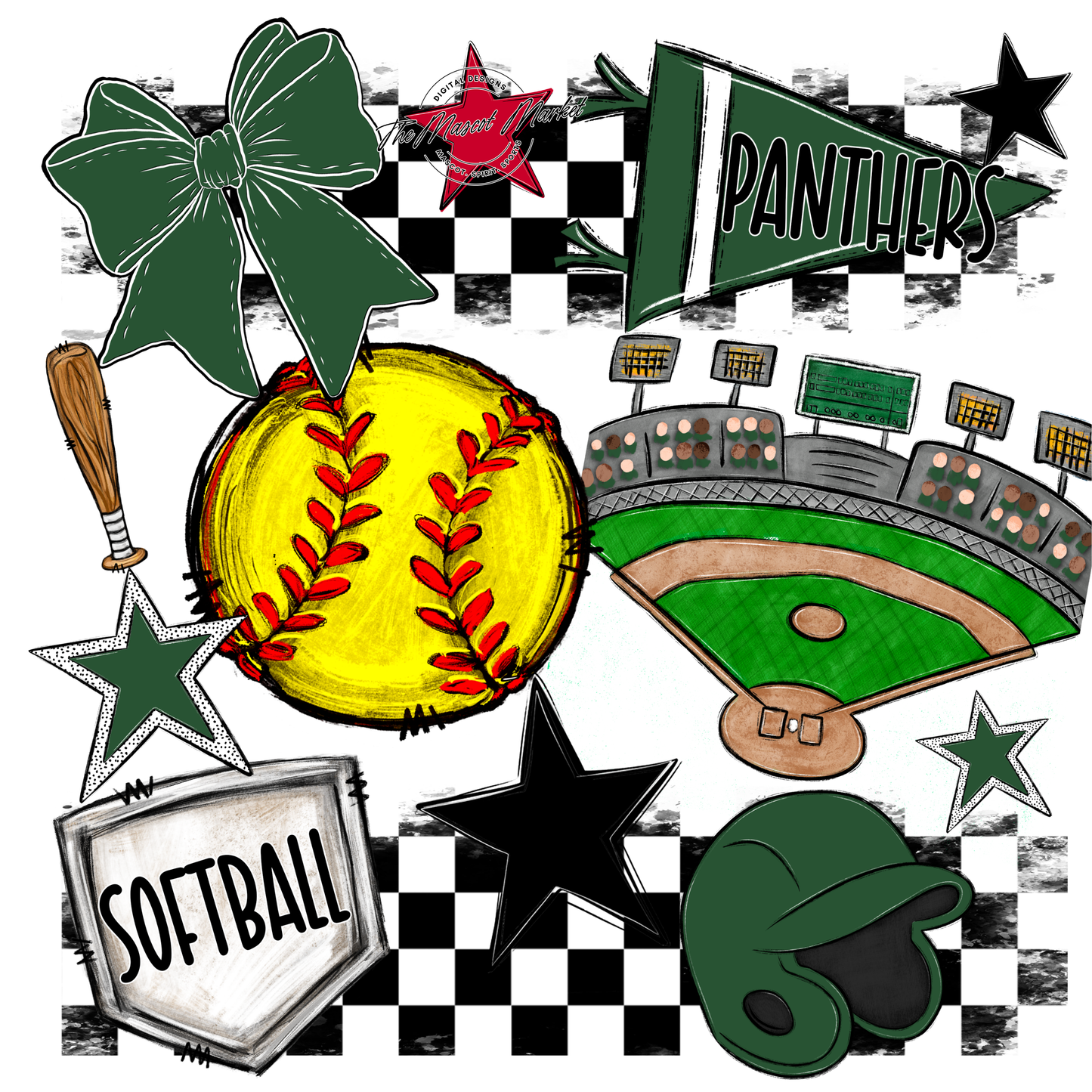 Panthers Checkers Softball Spirit Design-Green