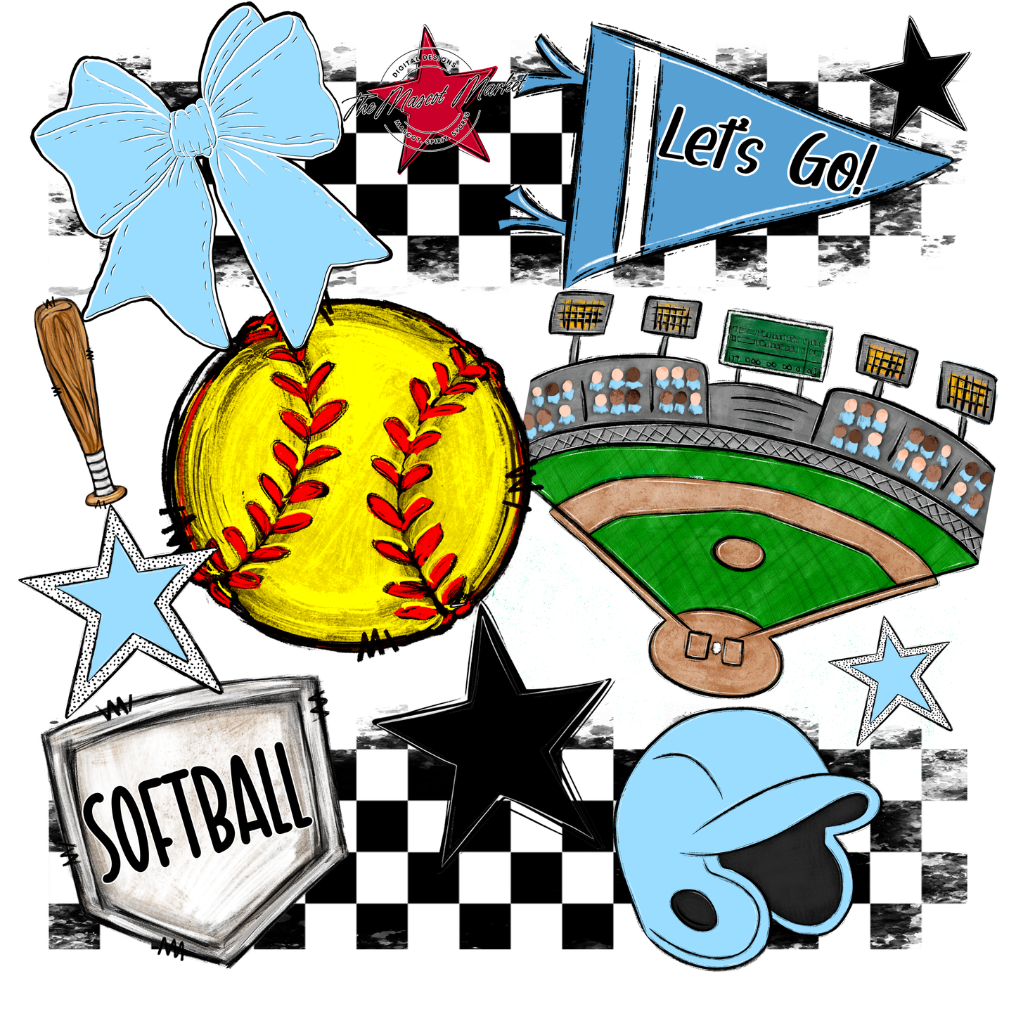 Softball Checkers Spirit Design-Columbia Blue