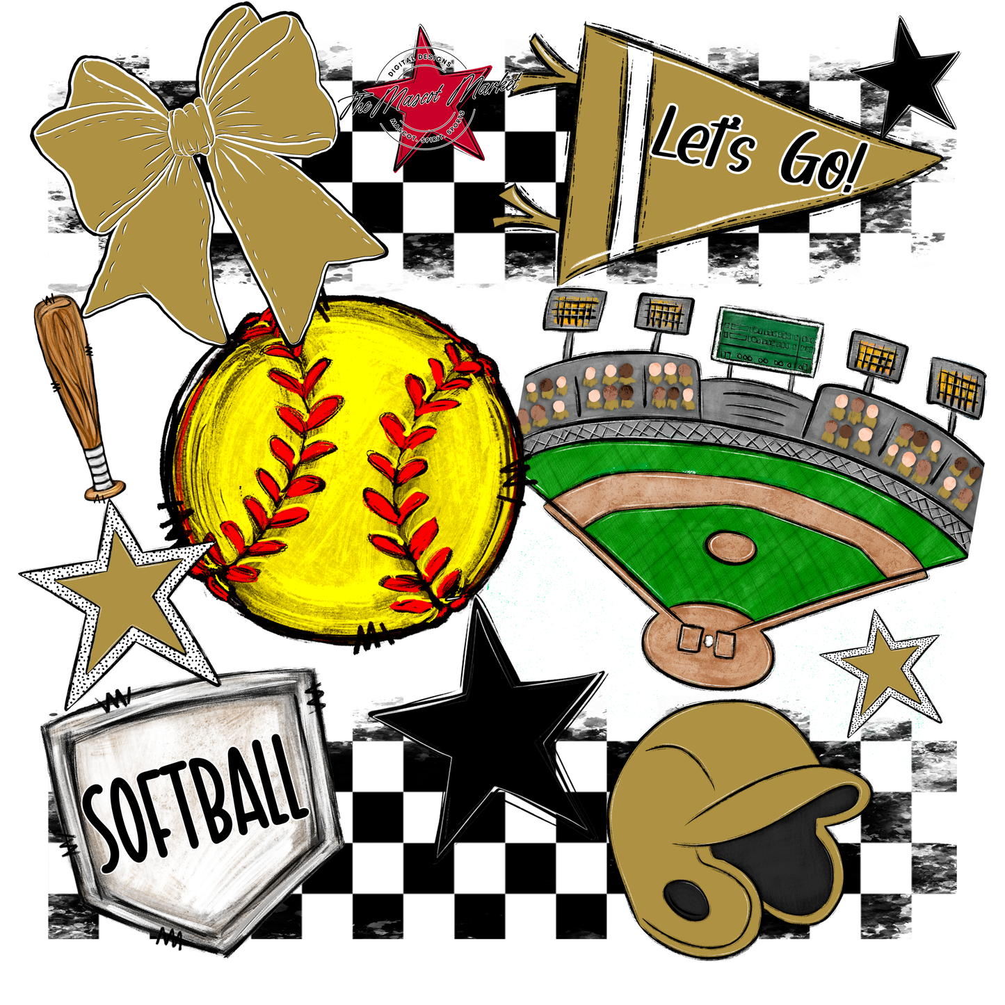 Softball Checkers Spirit Design-Gold