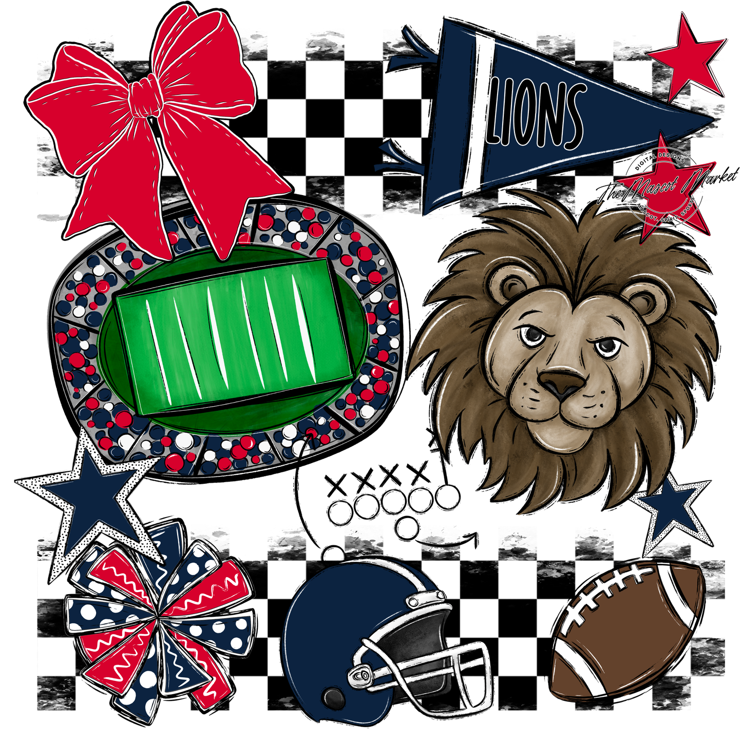 Lions Checkers Mascot Spirit Design-Navy-Red