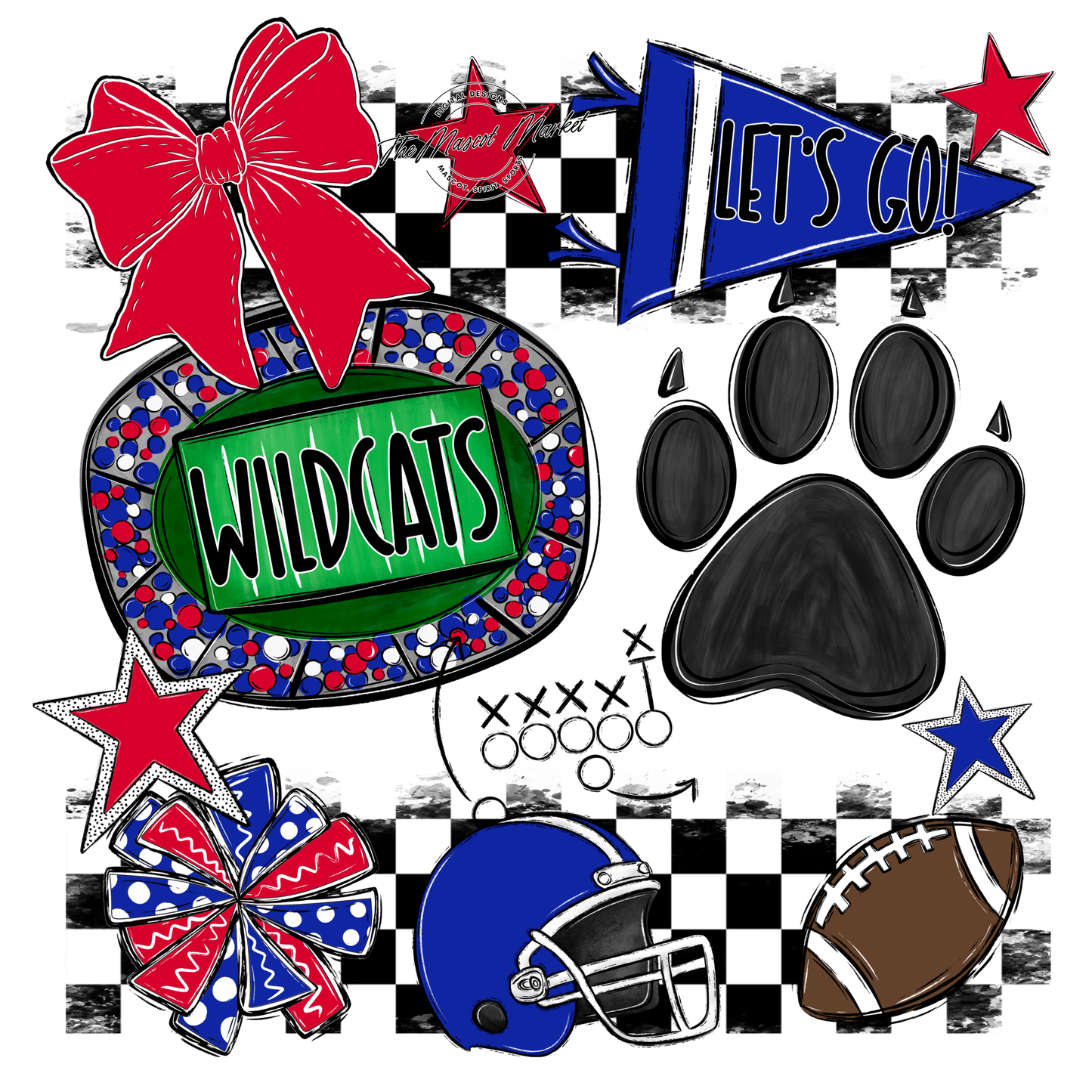 Wildcats Checkers Mascot Spirit Design w Paw-Royal Blue-Red