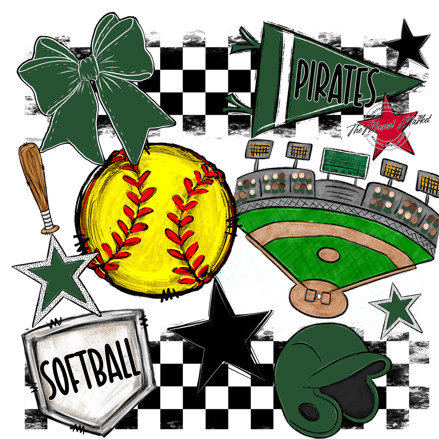 Pirates Checkers Softball Spirit Design-Green