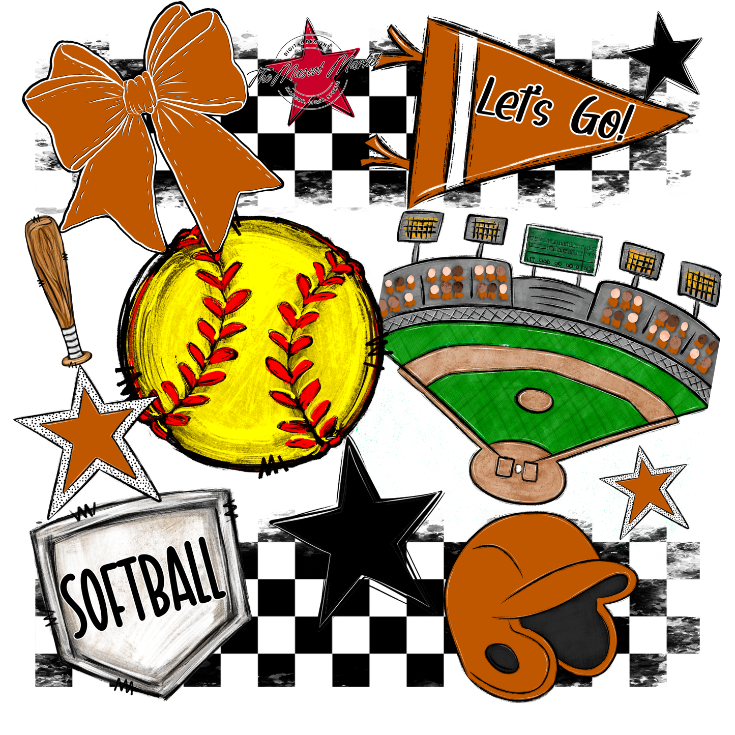 Softball Checkers Spirit Design-Burnt Orange