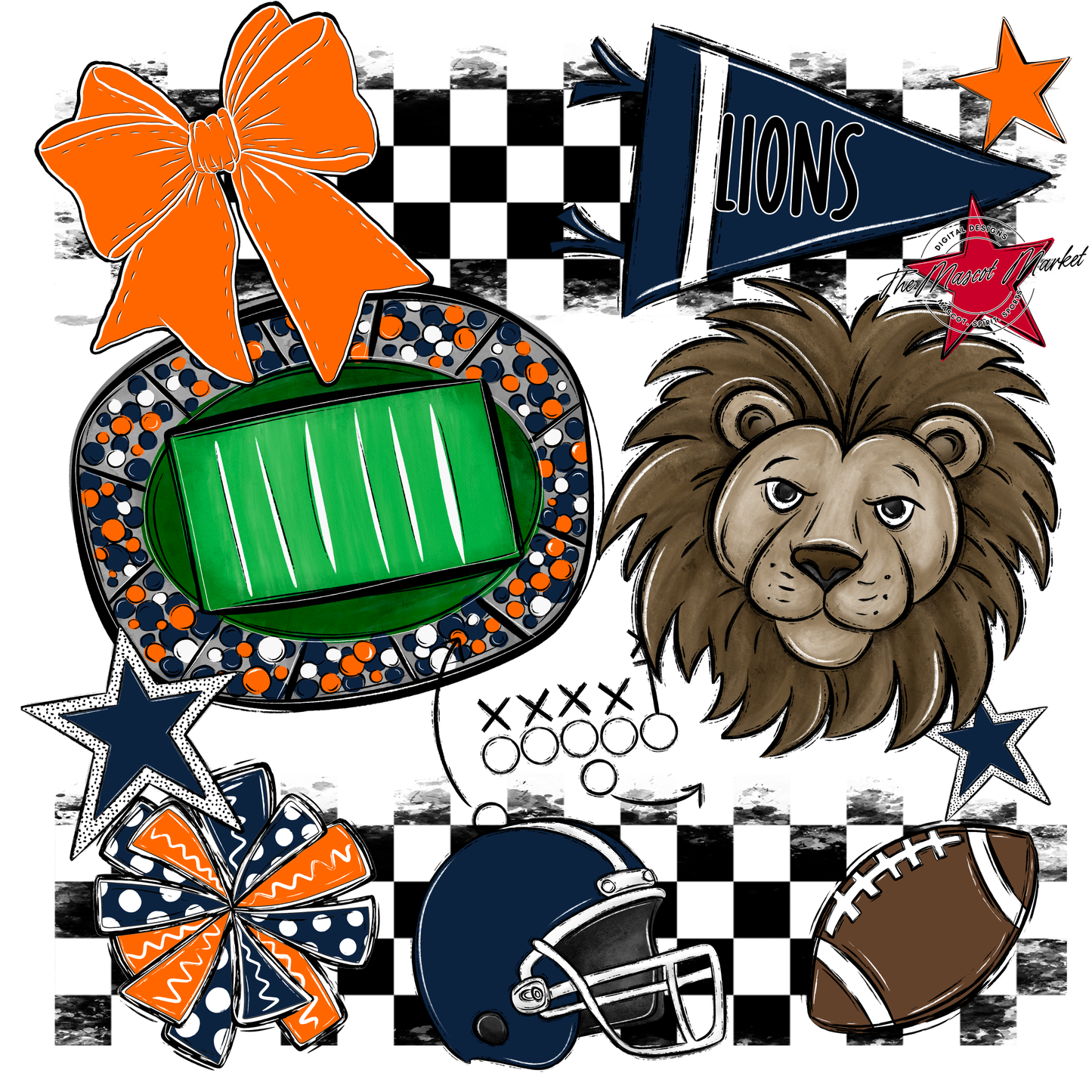 Lions Checkers Mascot Spirit Design-Navy-Orange