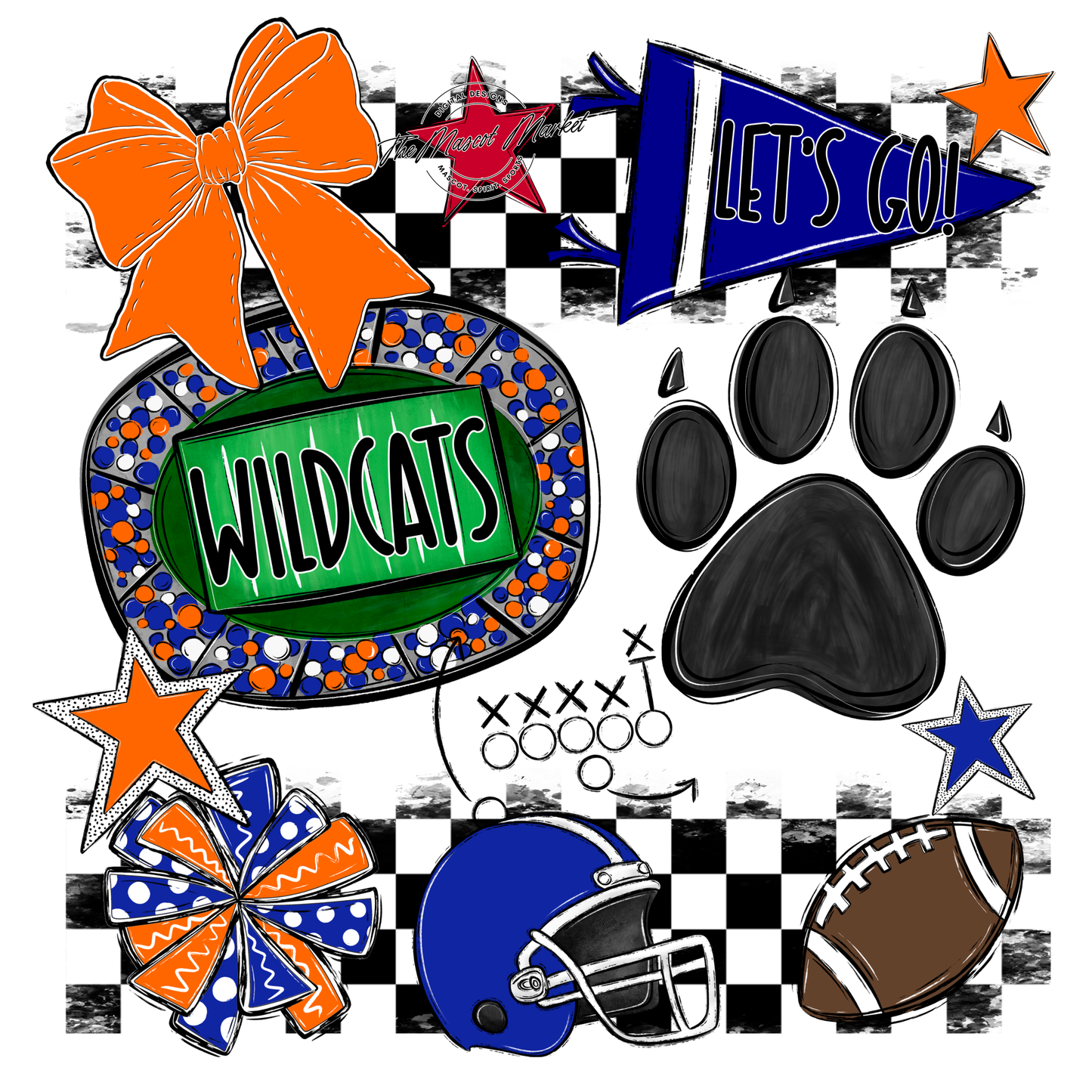 Wildcats Checkers Mascot Spirit Design w Paw-Royal Blue-Orange