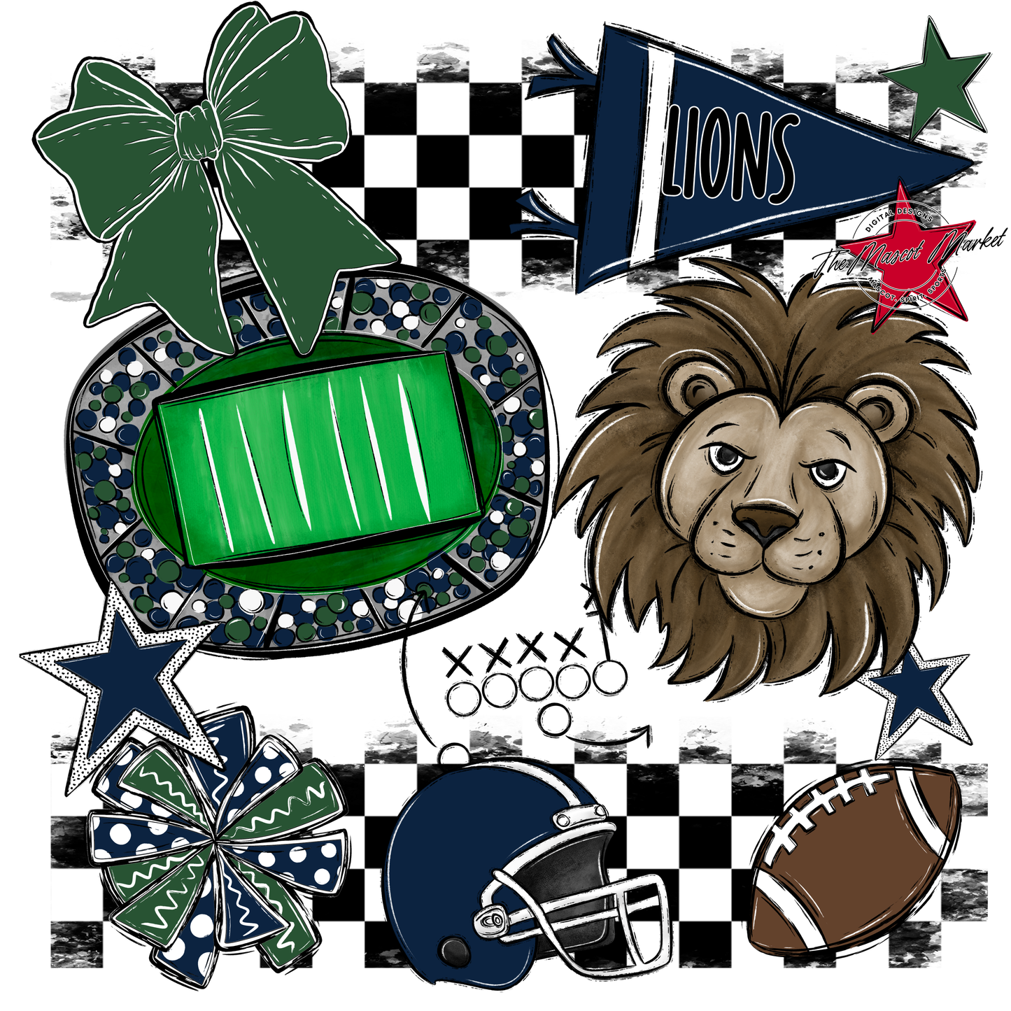 Lions Checkers Mascot Spirit Design-Navy-Green