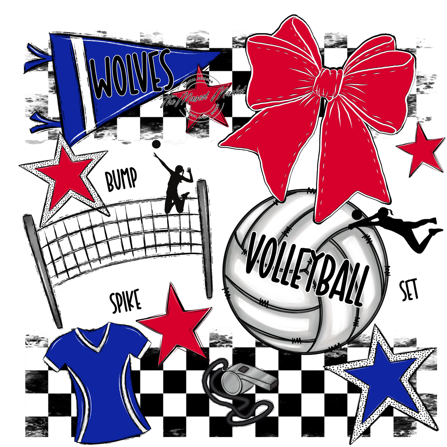 Wolves Checkers Volleyball Spirit Design-Blue-Red