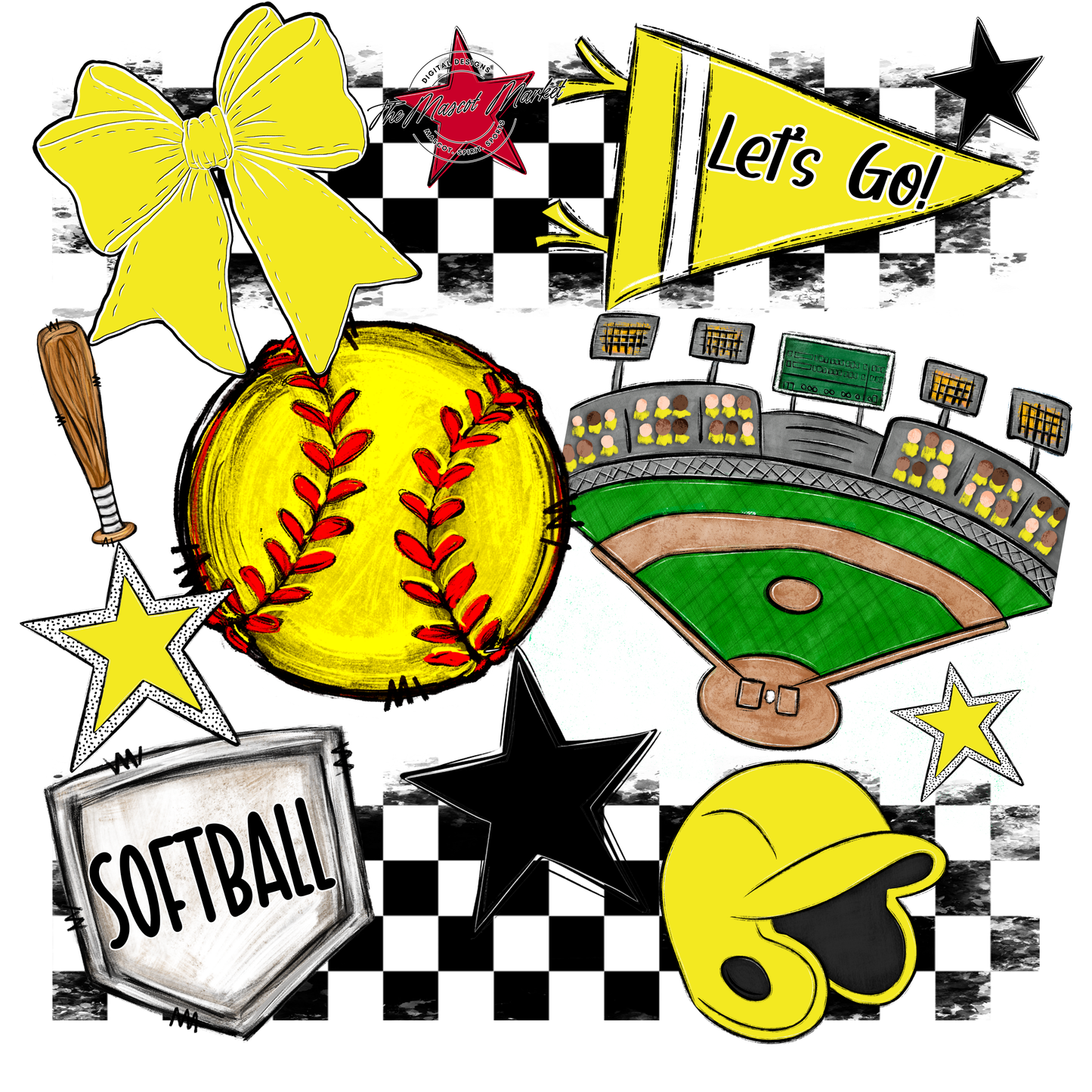 Softball Checkers Spirit Design-Bright Yellow