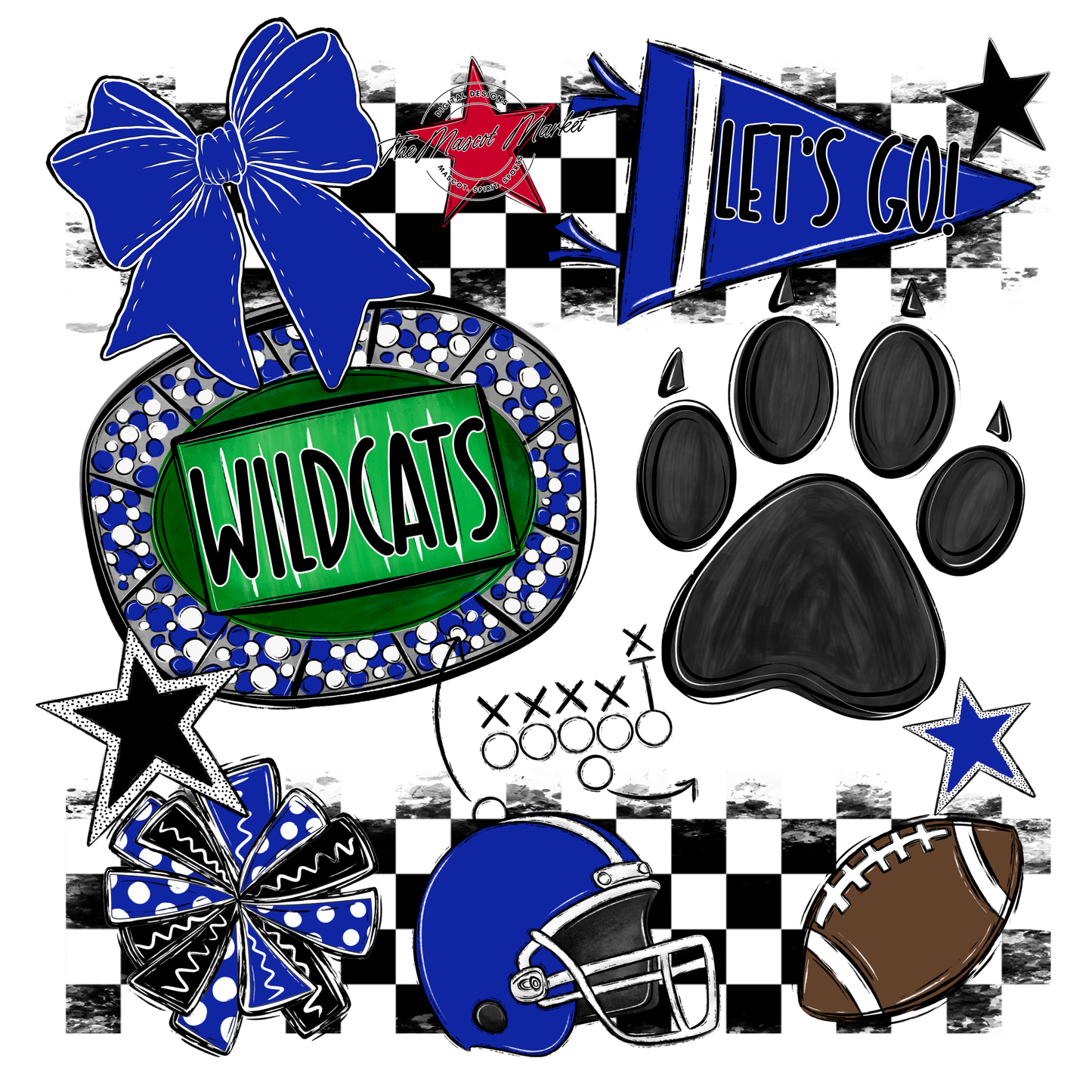 Wildcats Checkers Mascot Spirit Design w Paw-Royal Blue