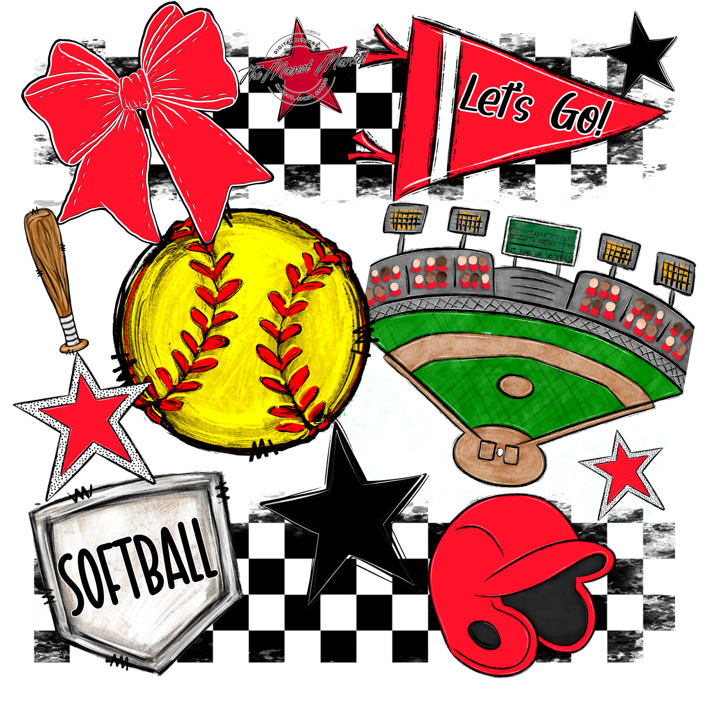Softball Checkers Spirit Design-Bright Red