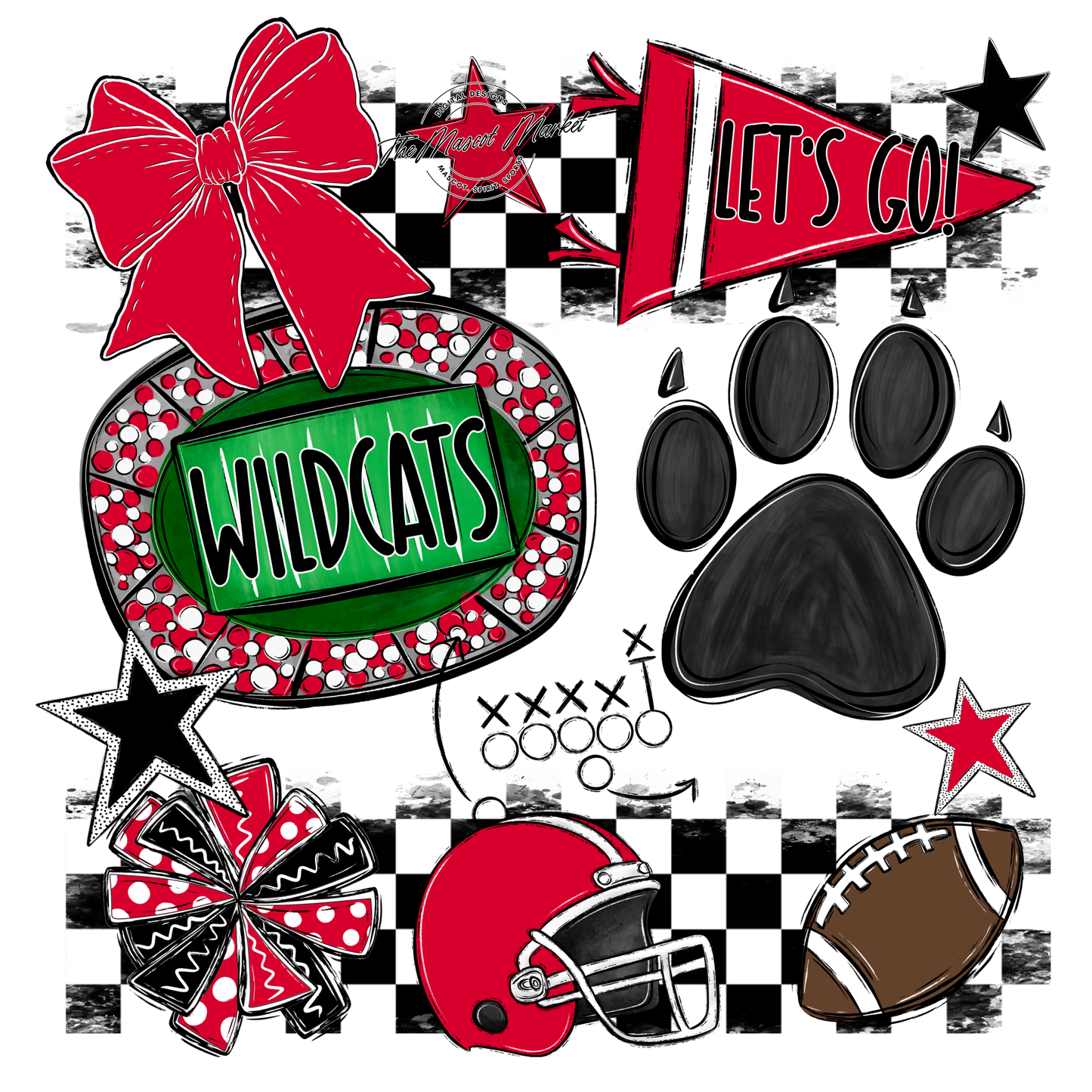Wildcats Checkers Mascot Spirit Design w Paw-Red