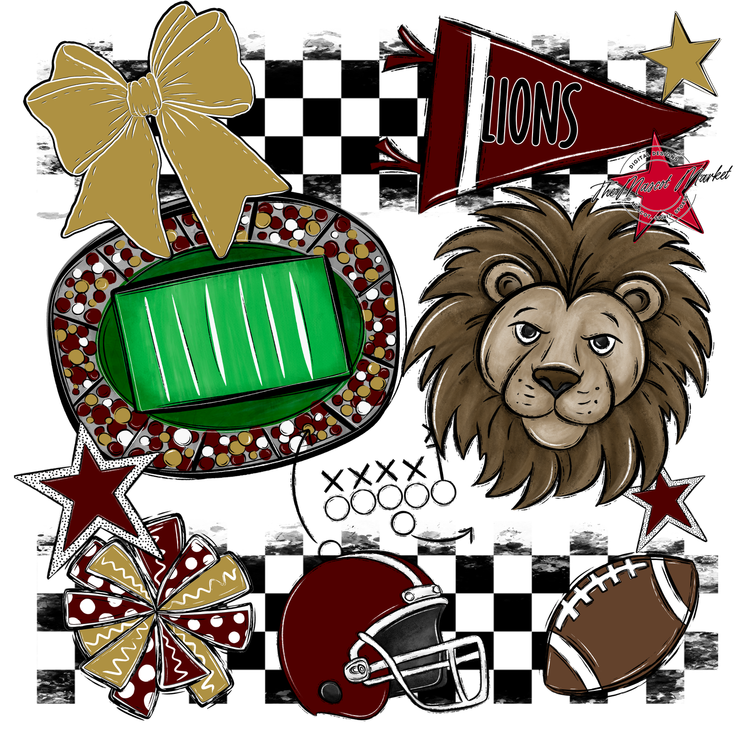 Lions Checkers Mascot Spirit Design-Maroon-Gold