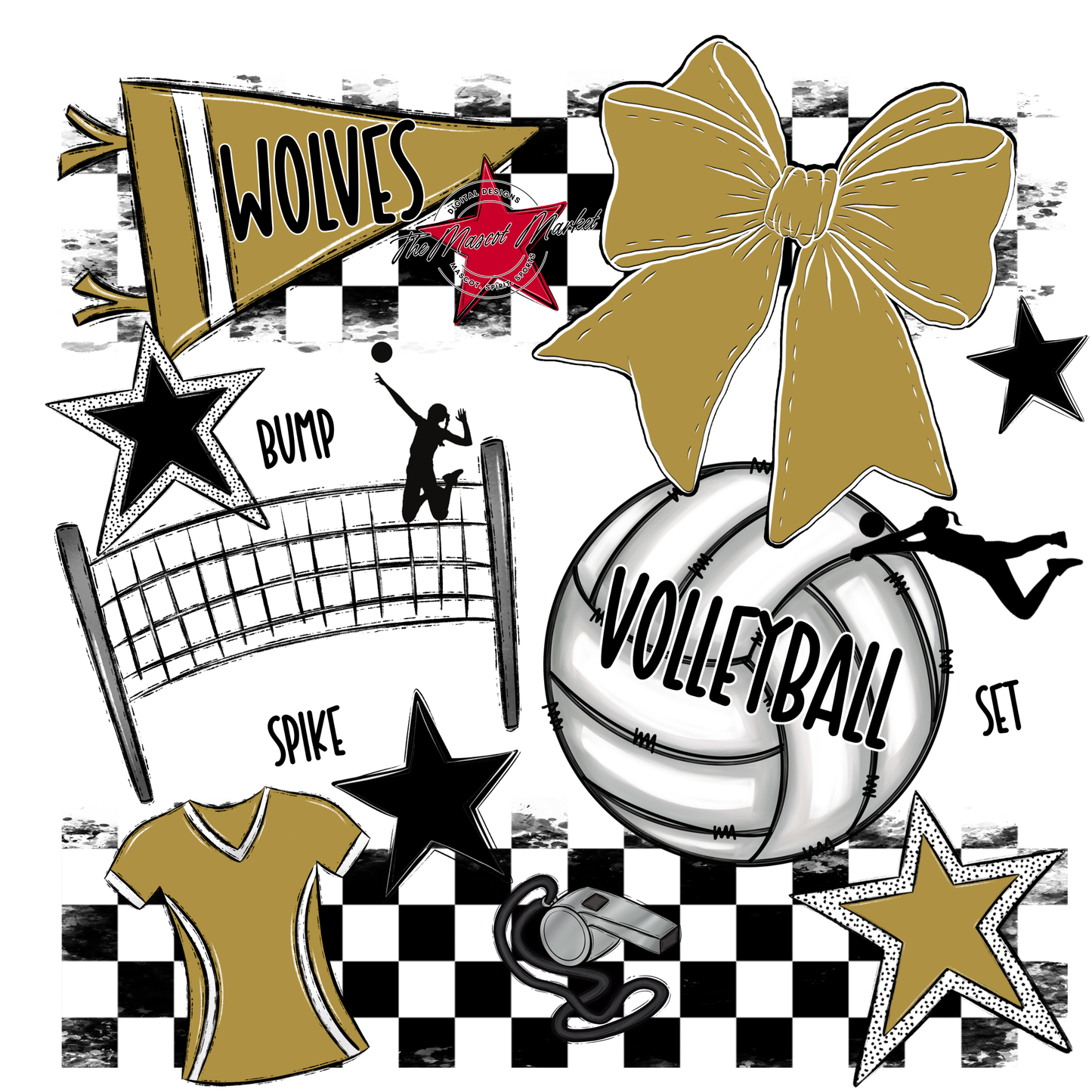 Wolves Checkers Volleyball Spirit Design-Gold