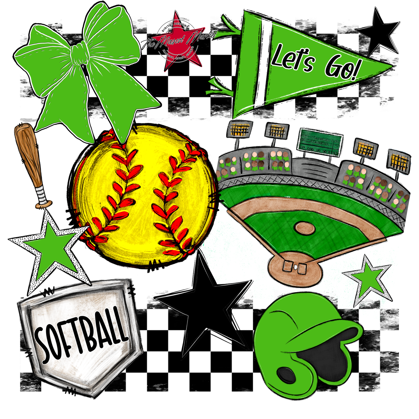 Softball Checkers Spirit Design-Bright Green