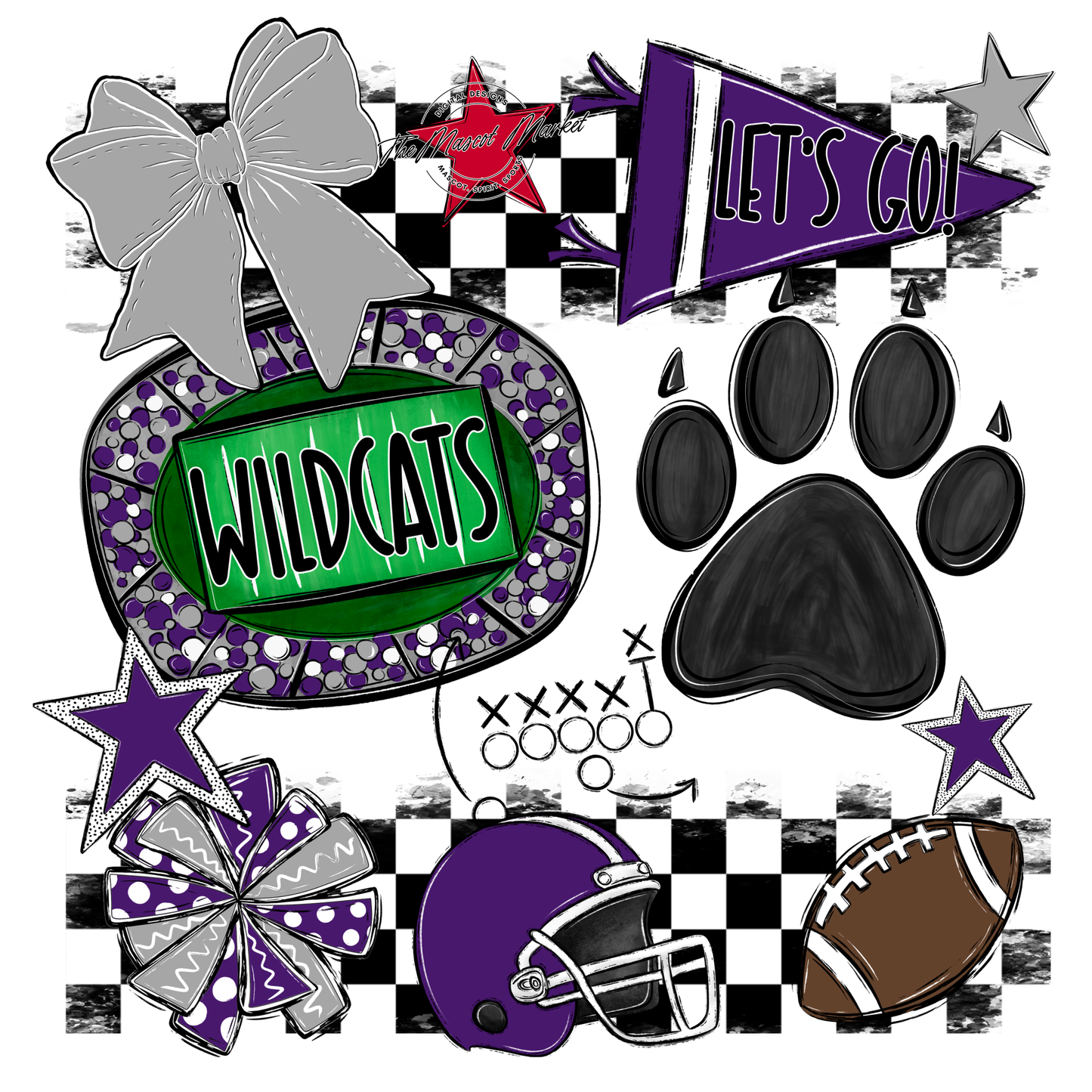 Wildcats Checkers Mascot Spirit Design w Paw-Purple-Grey